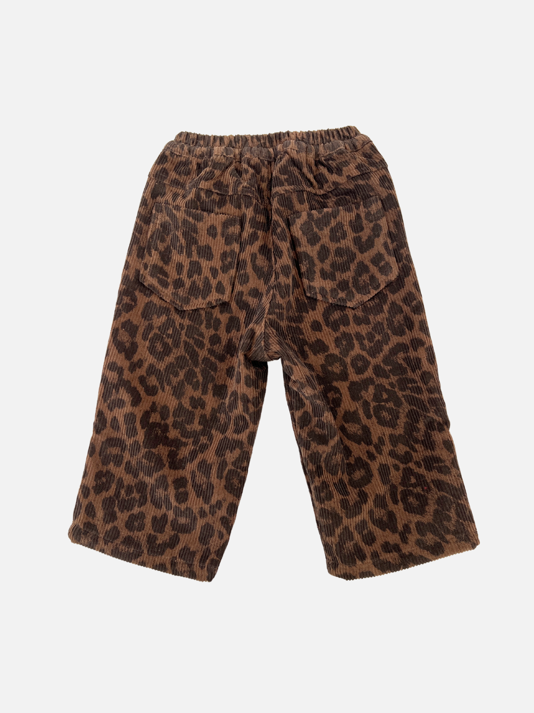 The back view of the LEOPARD CORDS, featuring wide-legged cotton corduroy pants with a leopard print and an elastic waistband, encapsulating the distinctive style typical of a Korean brand, set against a white background.