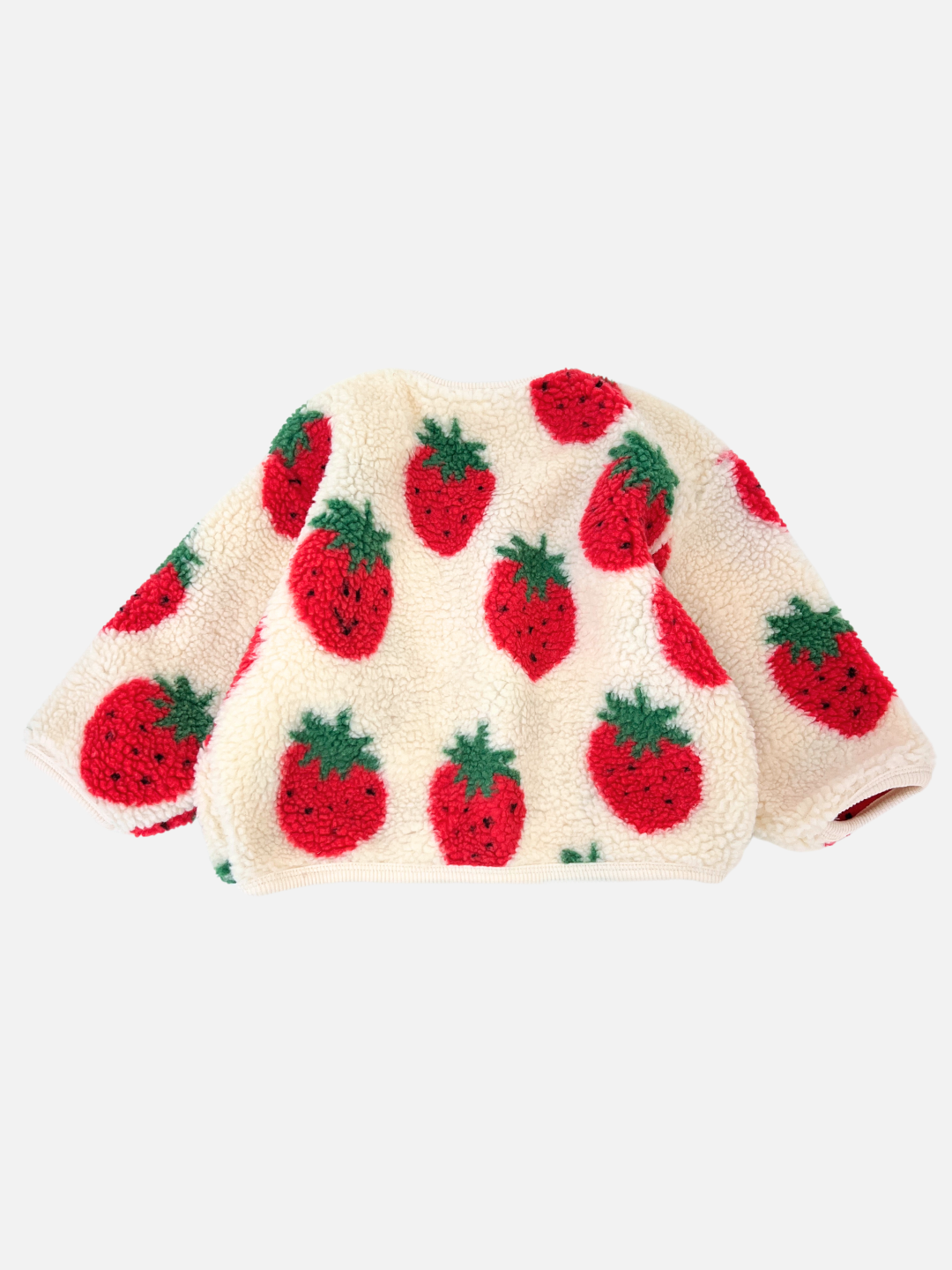 Introducing the STRAWBERRY SHERPA JACKET: a plush, cream-colored sweater adorned with a charming strawberry print featuring red strawberries and green leaves, reminiscent of the beloved Korean kids brand Hanab.