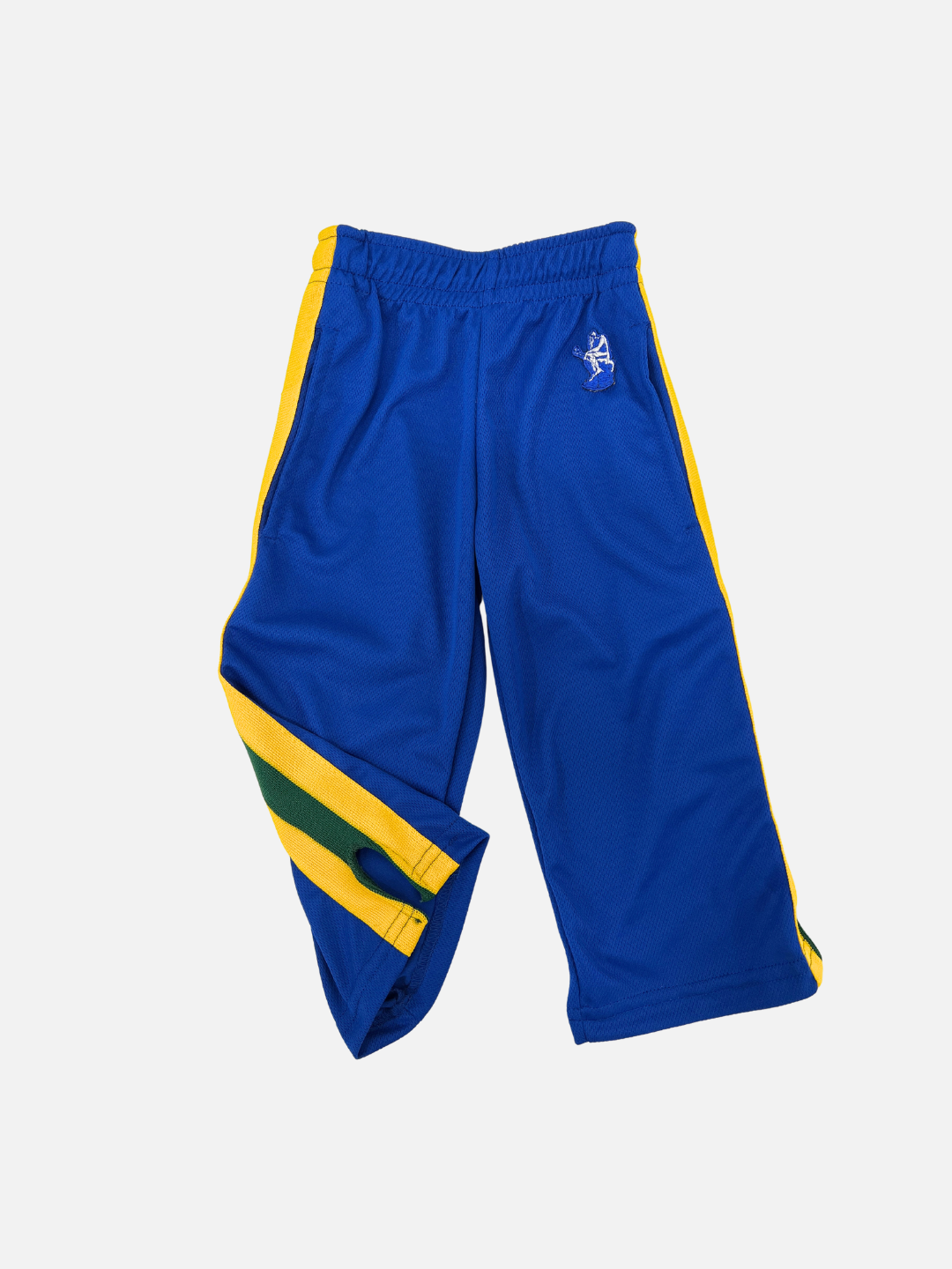 Blue | RELAX PANTS in blue, designed for kids, featuring yellow and green side stripes, a small embroidered logo on the left side, and crafted from breathable Miracle Mesh fabric, displayed against a plain white background.