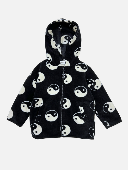 Image of Check out our new arrivals! The YIN YANG POLAR FLEECE HOODIE in black showcases white yin-yang symbols, a zipper closure, long sleeves, and front pockets – perfect for adding a touch of balance to your wardrobe.