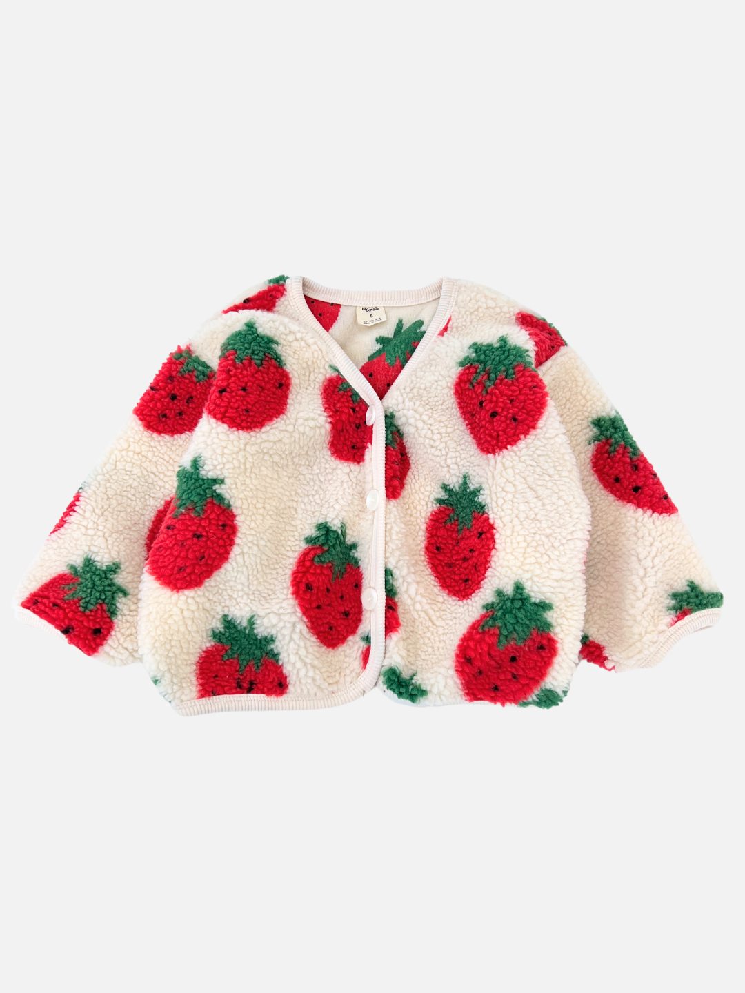 Experience the playful allure of the STRAWBERRY SHERPA JACKET by Hanab, a beloved Korean kids brand. This charming plush sherpa fleece jacket features a fluffy white design adorned with cheerful red strawberries and lively green leaves, making it an ideal choice for brightening up any child's wardrobe.