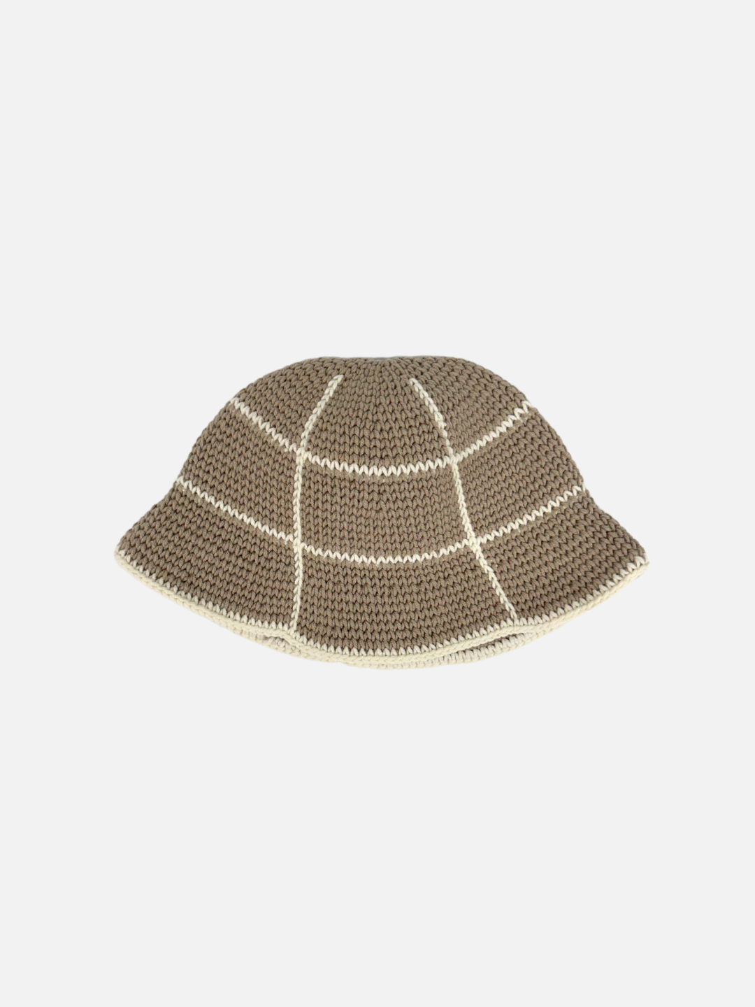 The HAND-CROCHETED GRID HAT - 3-6Y is a charming, hand-knitted brown bucket hat made from cotton yarn. It features a white grid design and is complemented by a matching white brim. This relaxed, slouchy accessory is beautifully displayed against a plain white background.