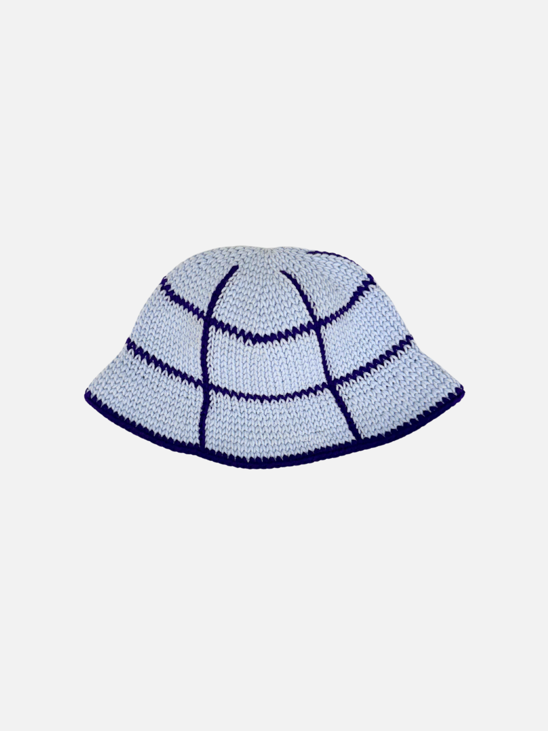The HAND-CROCHETED GRID HAT - 3-6Y features a white base with a grid design made up of thick navy blue lines. Made from cotton yarn, this hat has a slightly flared brim and offers a lightweight, casual feel against its plain white backdrop.