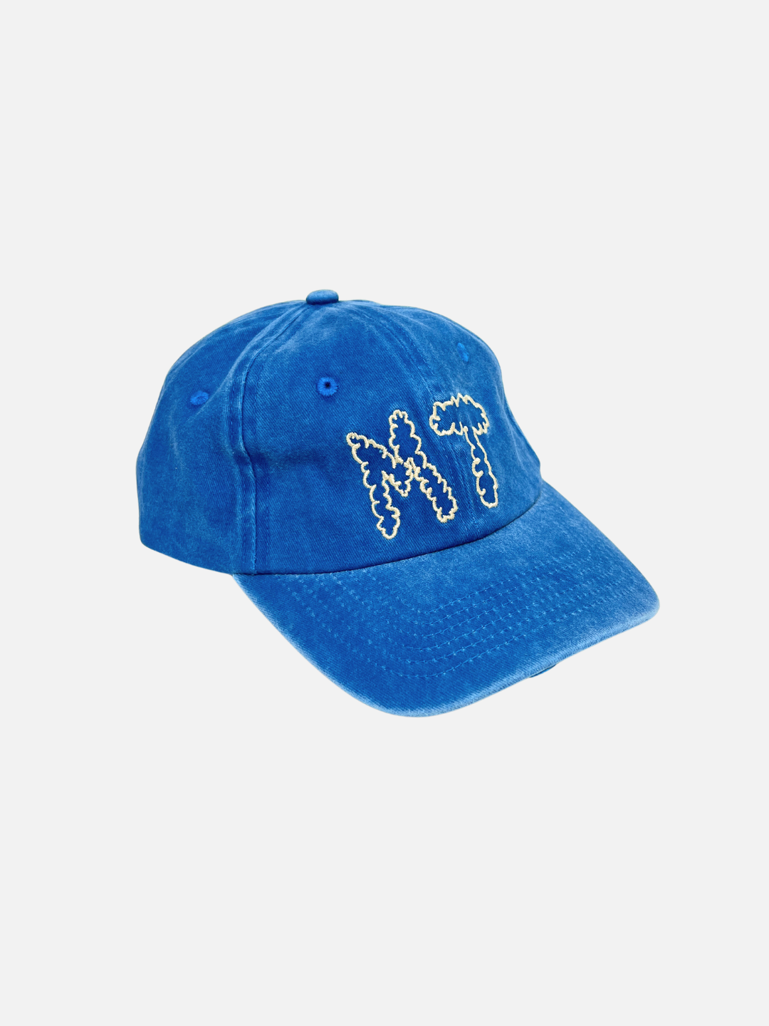 Blue | The MT DAD CAP is a blue cotton canvas baseball cap featuring "MT" embroidered in white outlined letters on the front, shown against a plain white background.