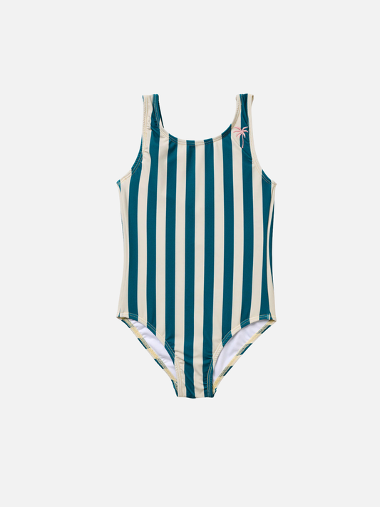Image of The CABANA STRIPE ONE PIECE SWIMSUIT is made from sustainable fabric, showcasing teal and white vertical stripes with a small pink palm tree graphic on the left strap, displayed against a plain white background.