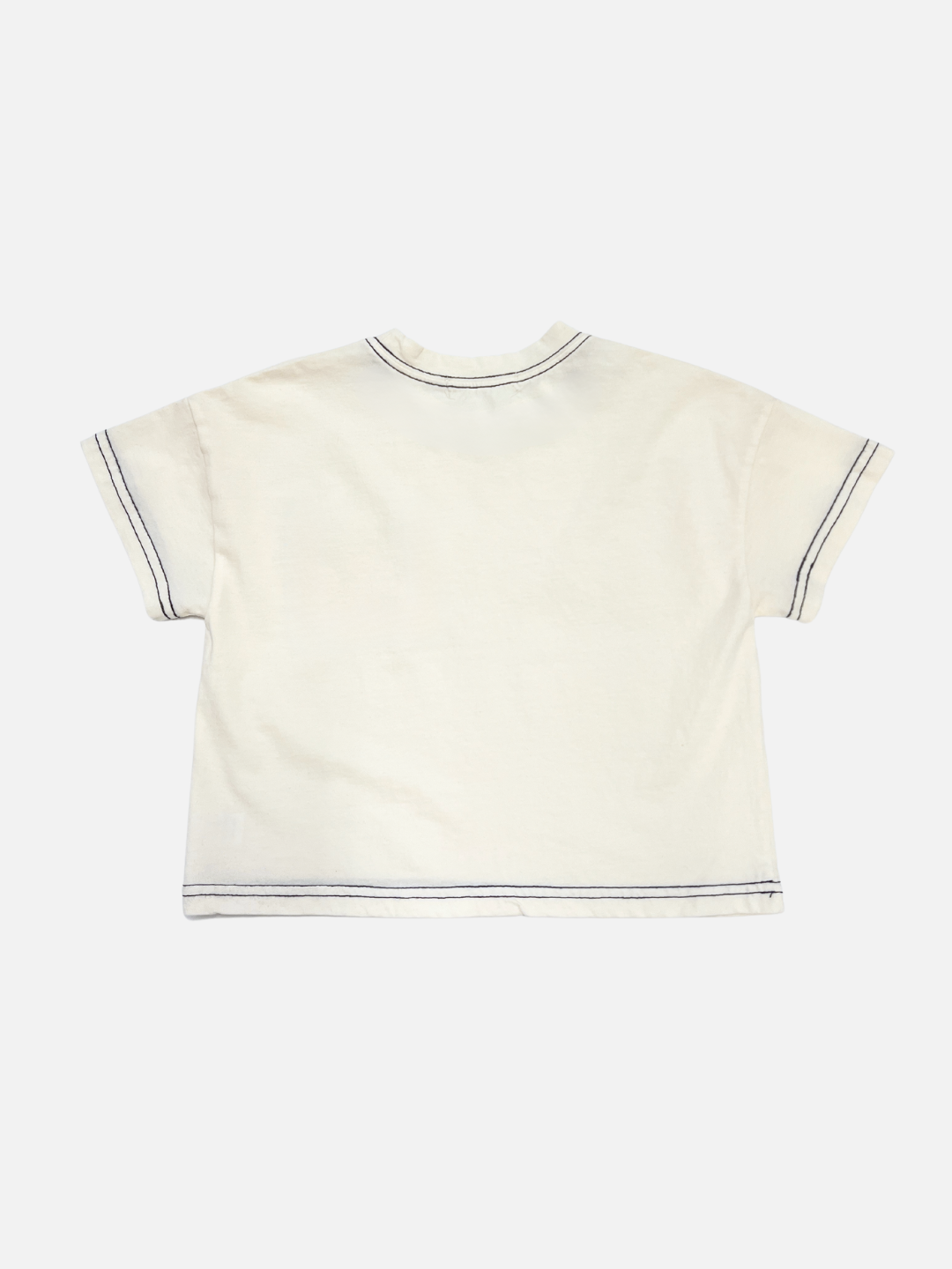Back view of the kids' stitch pocket tee in Ivory feturing contrast black stitch