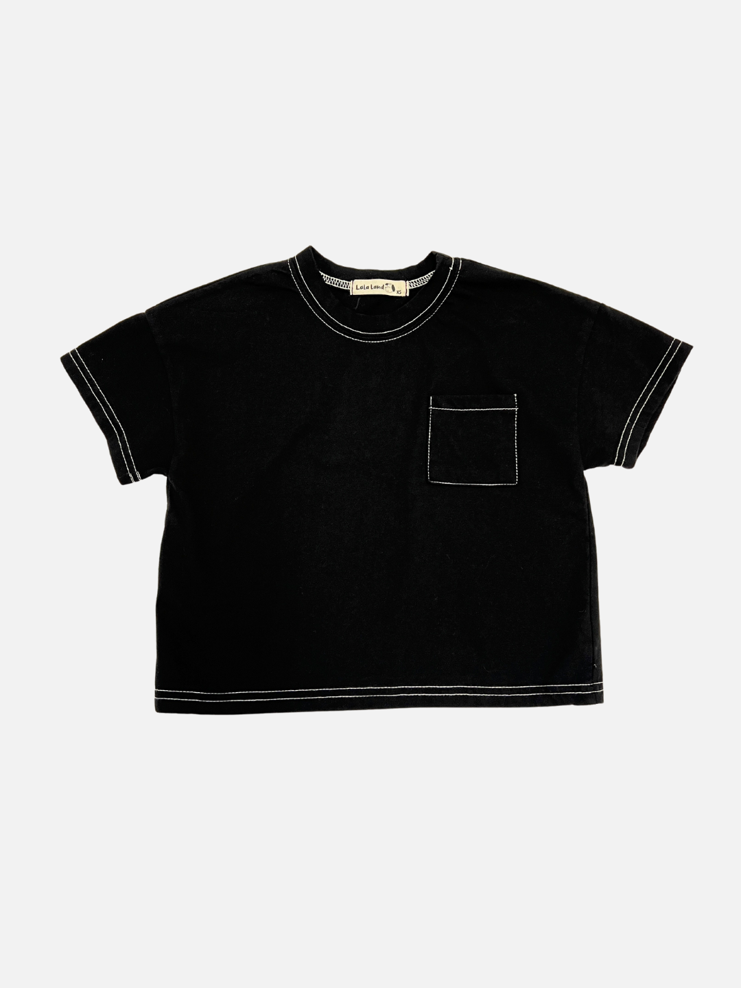 Black | Front view of the kids' stitch pocket tee in Black featuring contrast white stitch and a small pocket on the right side