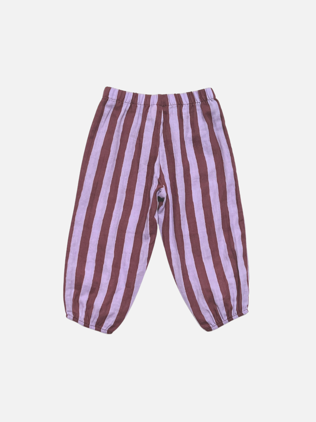 Purple Stripe | Back view of baby and toddler striped organic cotton pants in purple and burgundy, on a light grey background.
