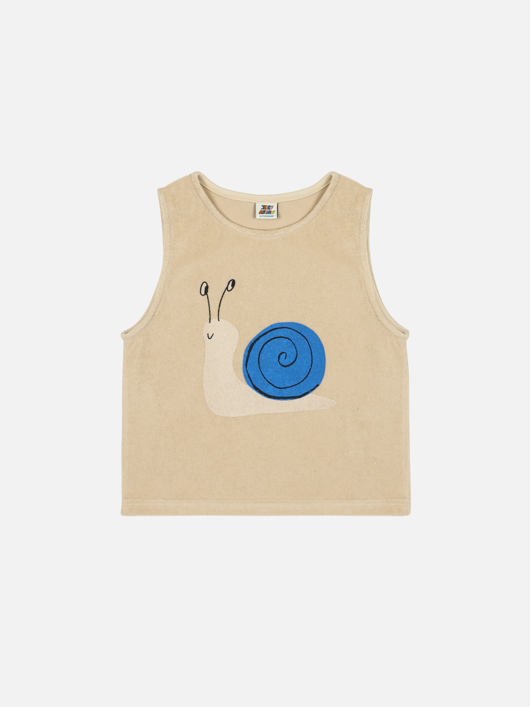 Beige SNAIL TARRY SLEEVELESS T-SHIRT showcasing a cartoon snail with a blue shell on the front.