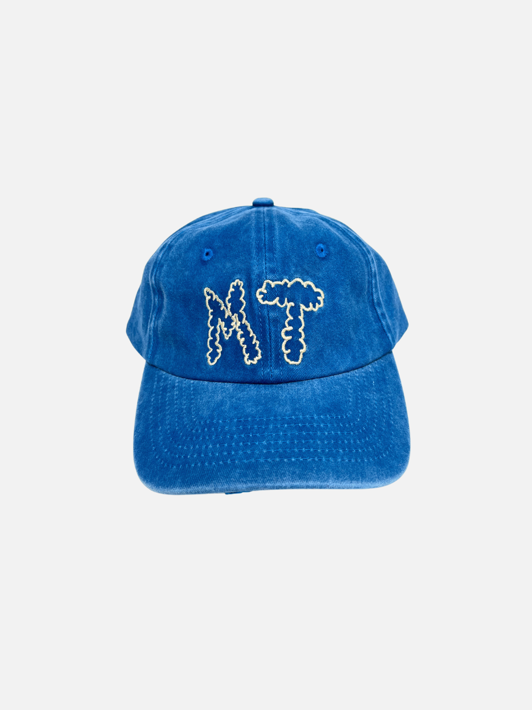 Blue cap with white embroidered design on a light gray background
