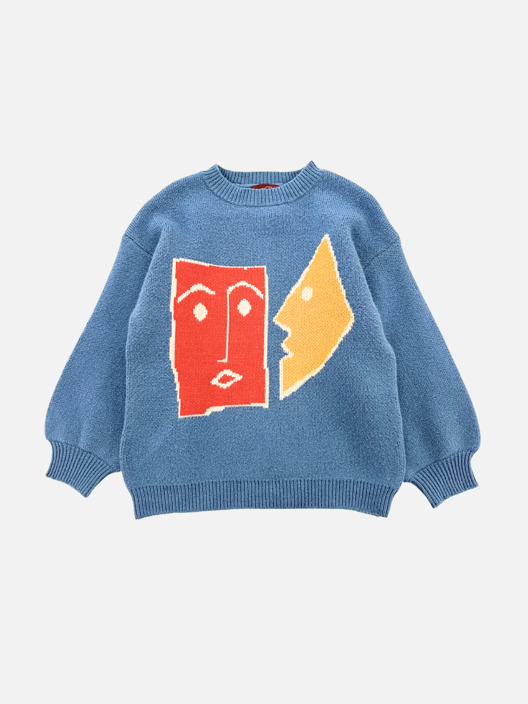 Slate | Introducing the TEATIME SWEATER, a stunning blue sweater adorned with an abstract design of two face silhouettes, one in red and the other in yellow, on the front. Detailed photos are available to help you appreciate the vibrant colors and unique pattern. Provided measurements ensure a perfect fit for this standout piece.