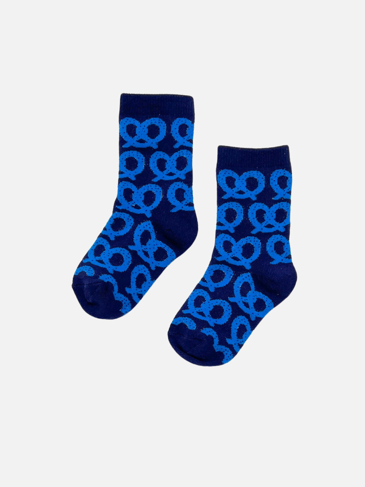 PRETZELS SOCK pair of comfy blue crew socks with a repeating light blue pretzel pattern.