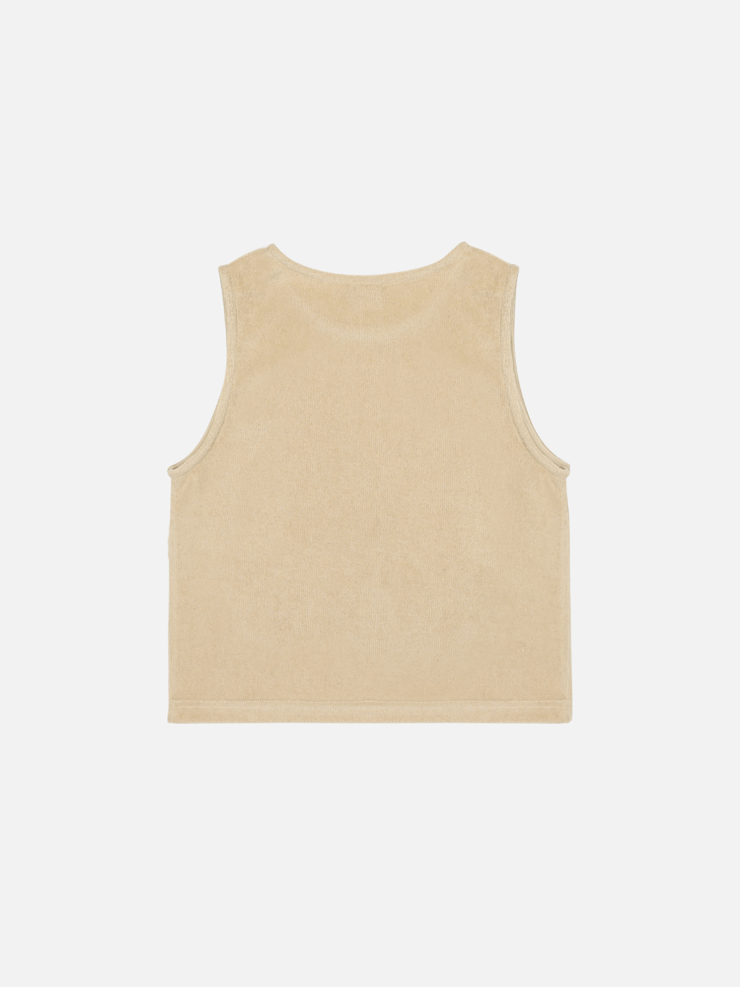 The SNAIL TARRY SLEEVELESS T-SHIRT is a beige, sleeveless crew neck top, elegantly presented on a plain white background.