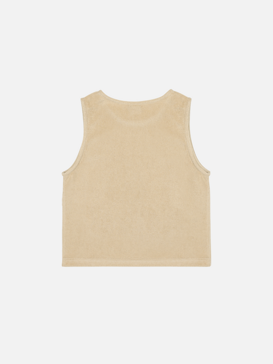 Second image of Beige SNAIL TARRY SLEEVELESS T-SHIRT showcasing a cartoon snail with a blue shell on the front.