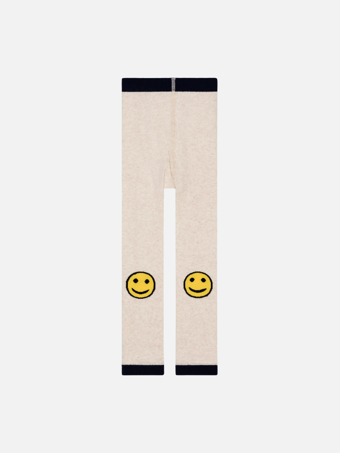 A pair of kids' leggings in cream, with yellow smileys on the knees and black waistband and hems
