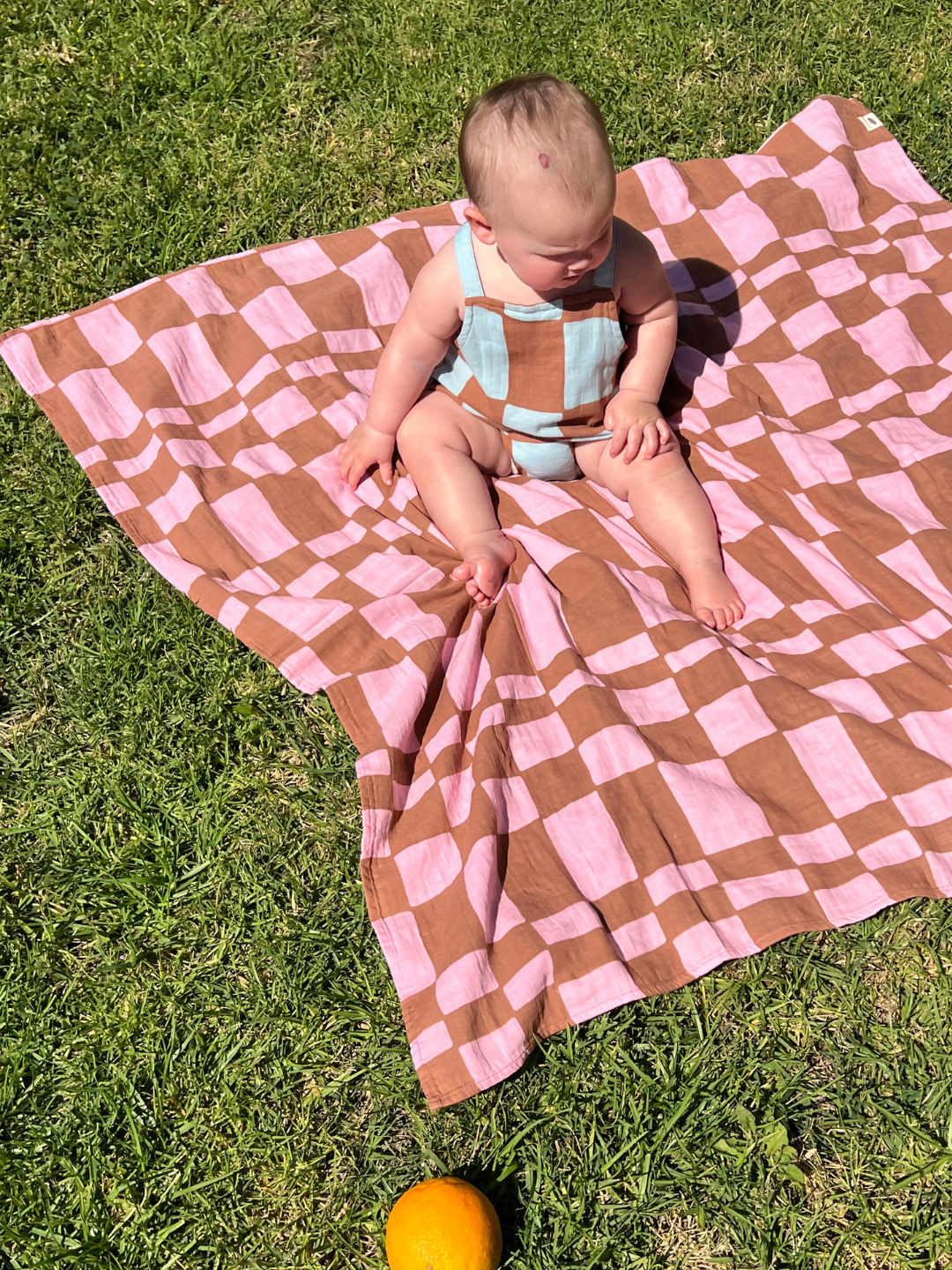Pink Checkers | Baby sitting on a pink and brown checkered blanket on grass