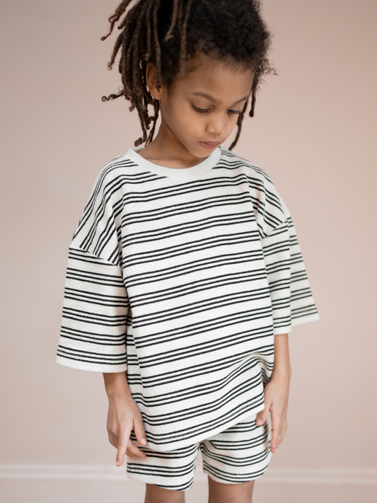 Second image of Stripe | A front view of the kid's terry towel shorts in stripe