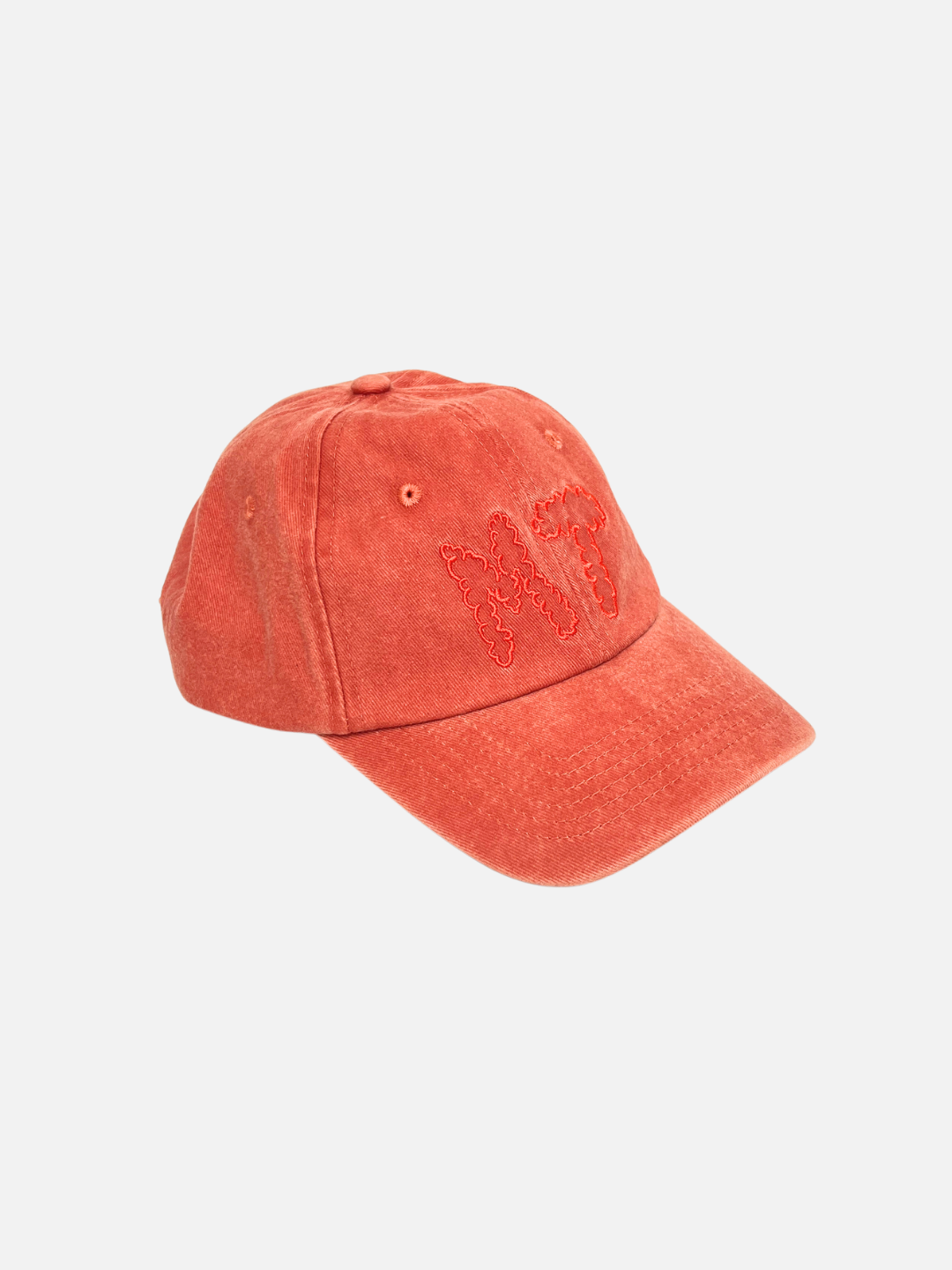 Orange | The MT DAD CAP is a red, distressed cotton canvas baseball cap featuring embroidered Milk Teeth lettering on the front, displayed against a plain white background.