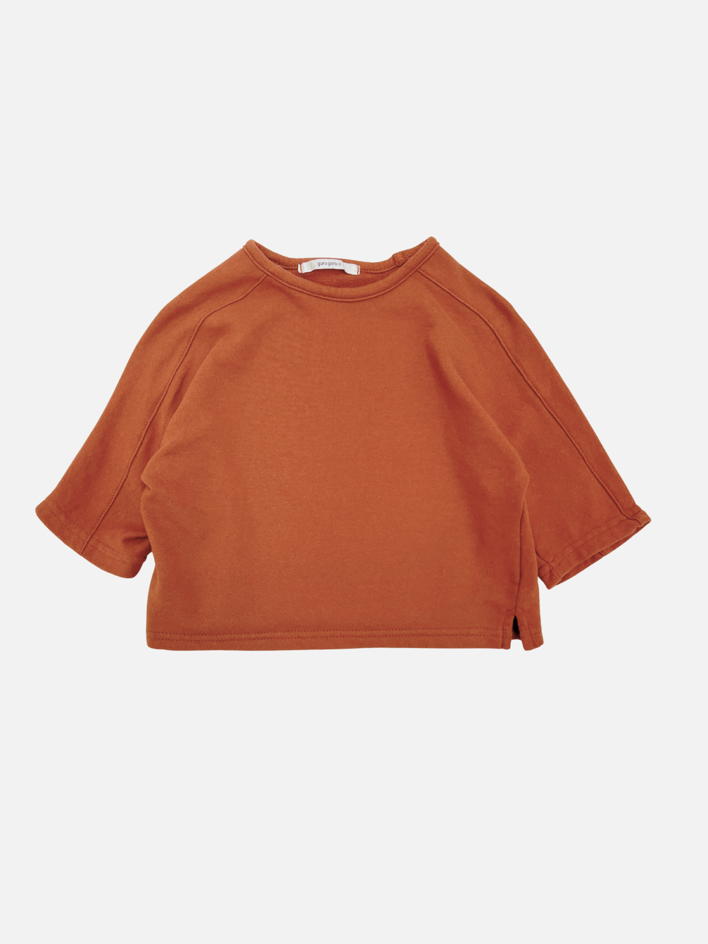 Brown | The BABY BOATNECK LONGSLEEVE is a rust-colored crop top with long sleeves and a boat neckline, made from soft terry cotton and shown on a white background.