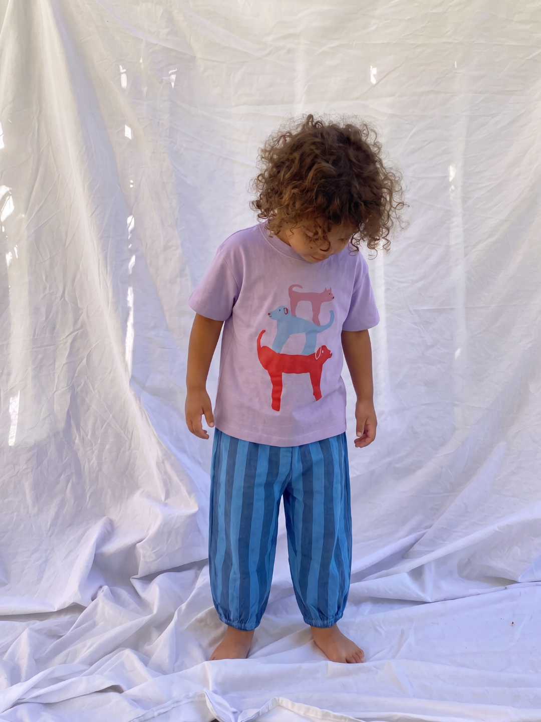 Blue Stripe | A toddler boy wearing the striped organic cotton pants in blue stripes, with a purple t-shirt with an animals motif, standing on a light grey sheet backdrop.