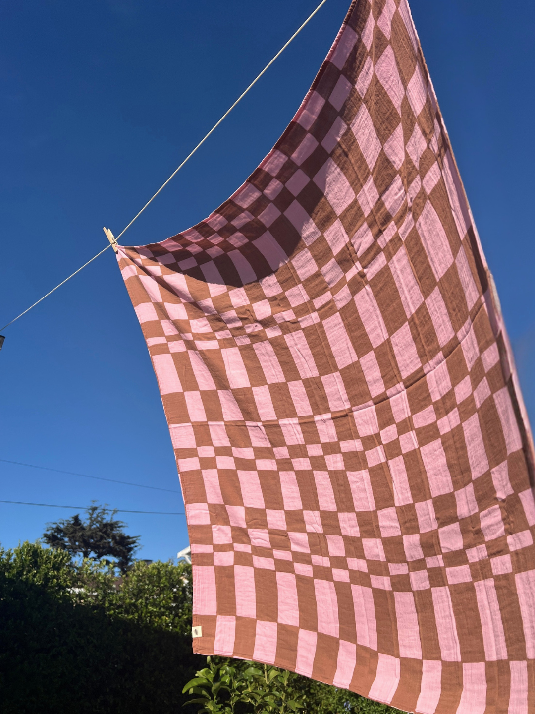 Checkered muslin blanket hanging on a line against a blue sky.