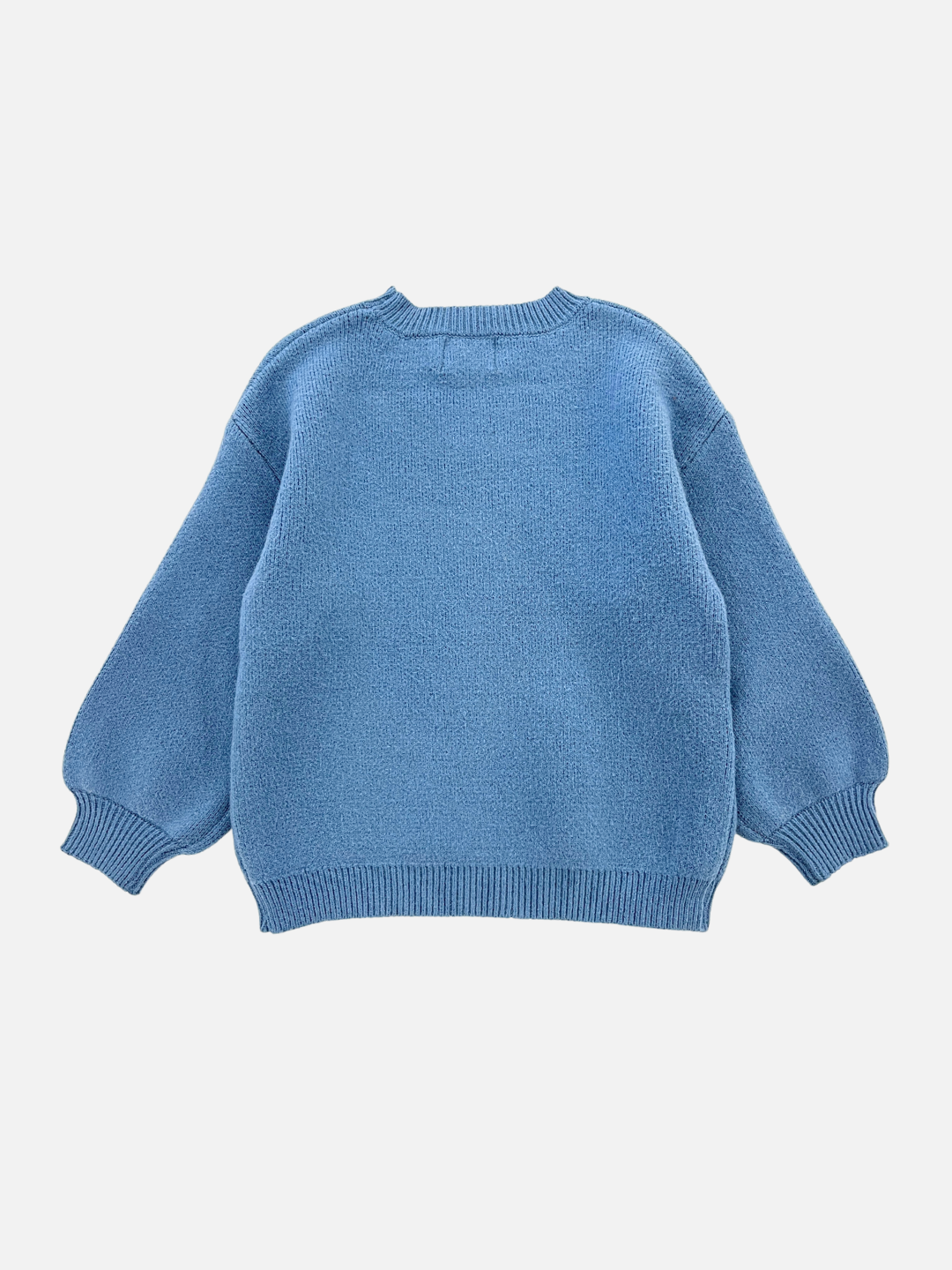 Slate | TEATIME SWEATER in blue, featuring long sleeves and ribbed cuffs, hem, and neckline. Displayed against a white background. Check photos for measurements.