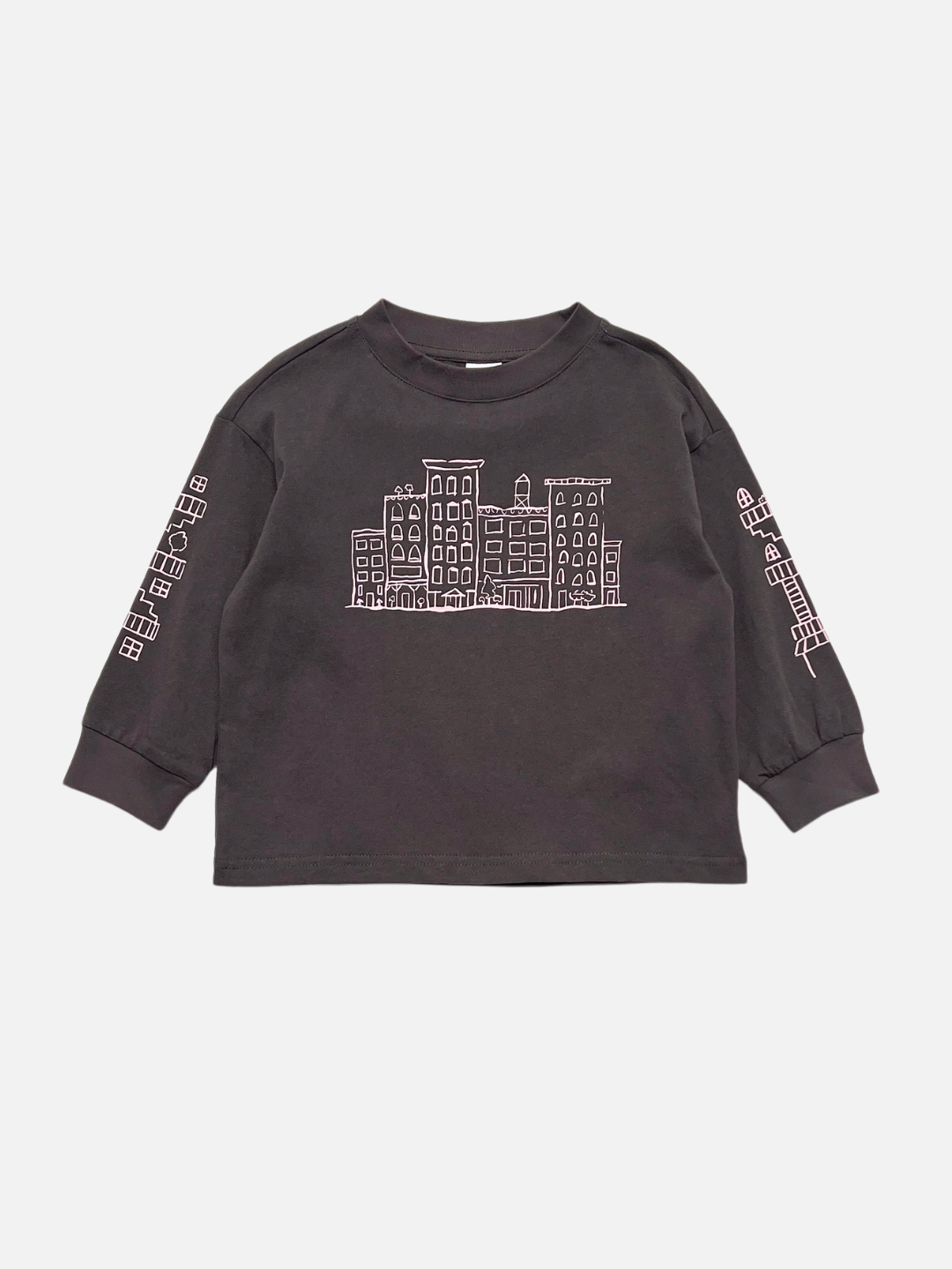 Charcoal | Charcoal CITY LONGSLEEVE crafted from soft cotton jersey, featuring striking white city block graphics of buildings on the front and both sleeves, shown on a plain white background.