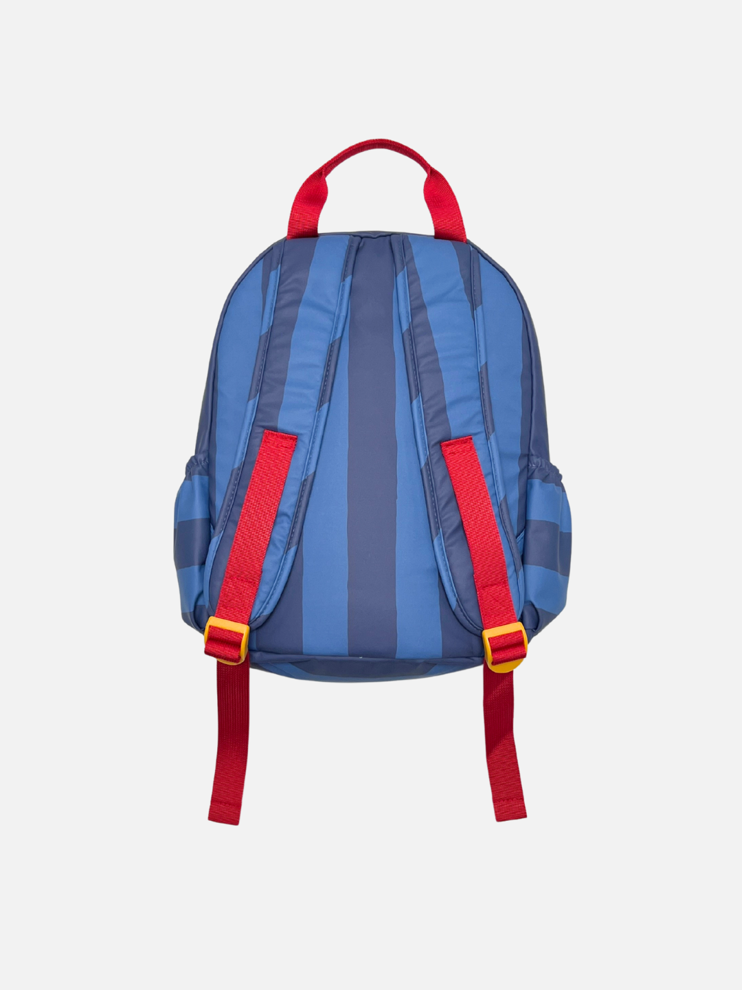 Blue Stripe | A blue and navy striped backpack shown from the back, featuring red straps and yellow plastic buckles, set against a plain light gray background.
