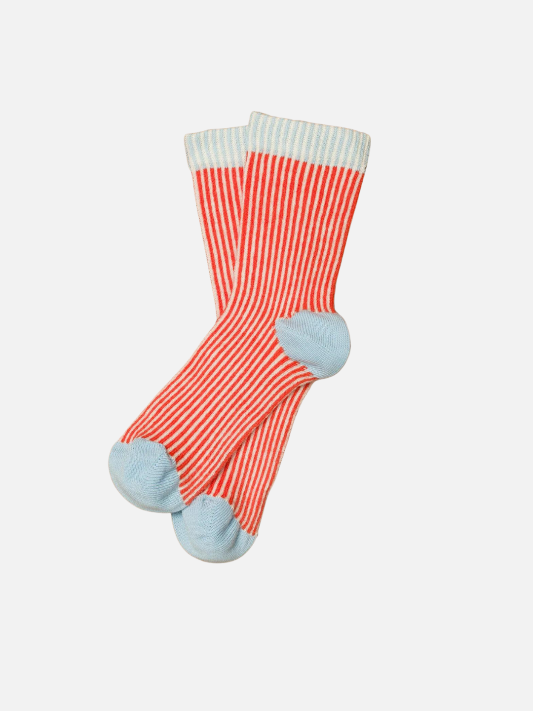 A pair of kids' ankle socks in orange and cream stripes, with baby blue and cream tops and solid baby blue toes and heels