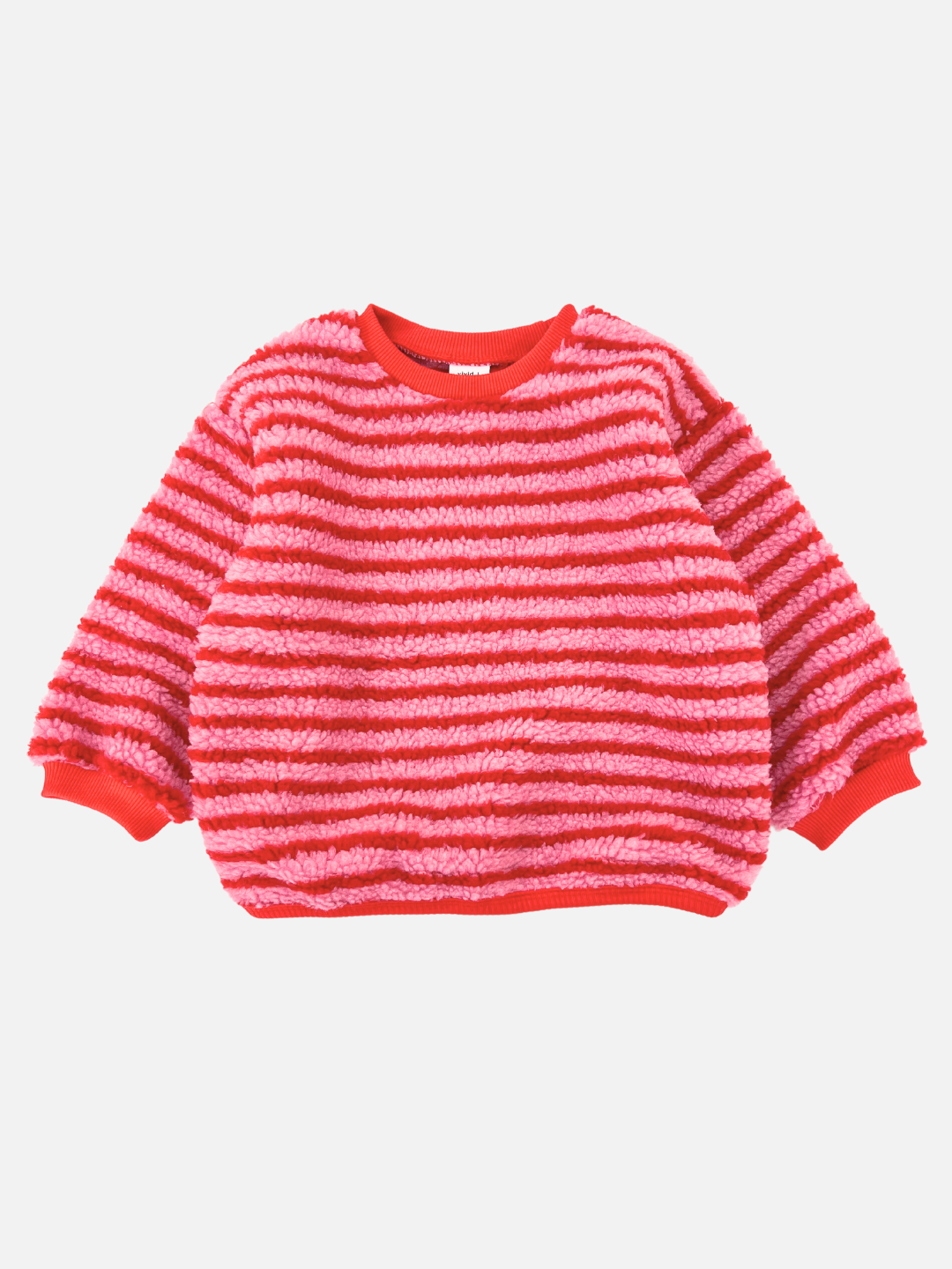 Red/Pink | Introducing the GLOW WORM SWEATSHIRT, a cozy red and pink striped fuzzy sweater with long sleeves and an oversized boxy fit. Photographed against a plain white background, this piece embodies the fleece sweatshirt style commonly associated with popular Korean kids brands.