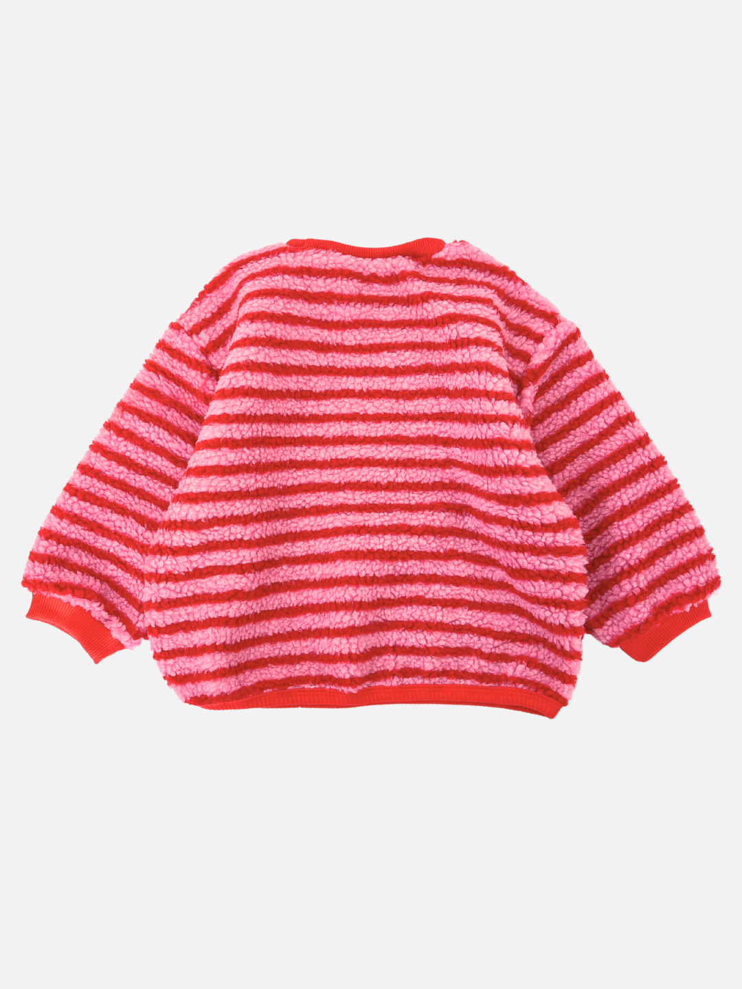 Red/Pink | The GLOW WORM SWEATSHIRT, designed by a renowned Korean kids brand, features a cozy oversized boxy fit with red and white stripes. It has long sleeves and a round neckline, giving it the appearance of a trendy fleece sweatshirt from the back.