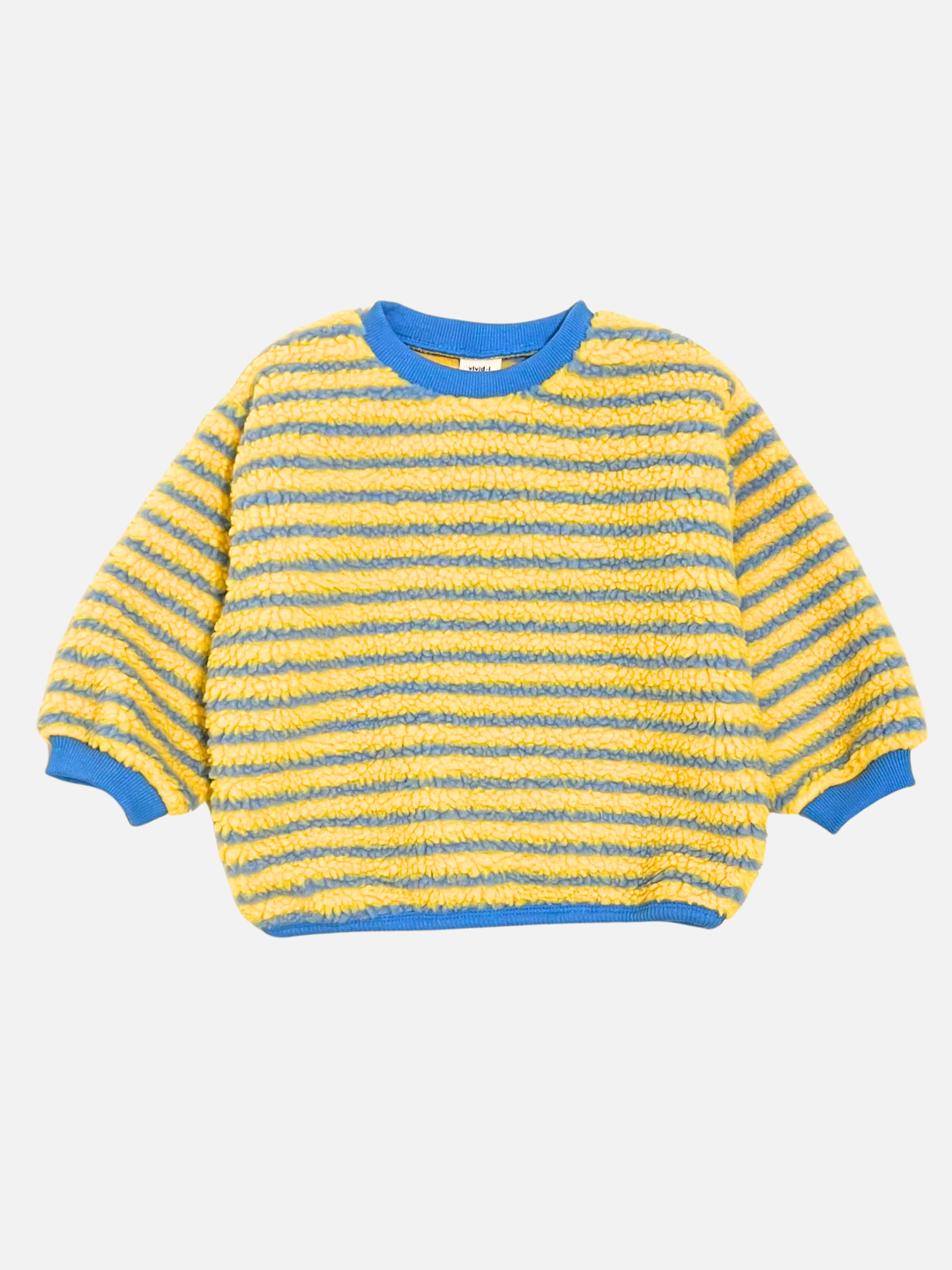 Blue/Yellow | The GLOW WORM SWEATSHIRT, a cozy fleece piece from a popular Korean kids brand, showcases a fluffy design with blue and yellow horizontal stripes, accented by blue cuffs and an oversized boxy fit on a white background.