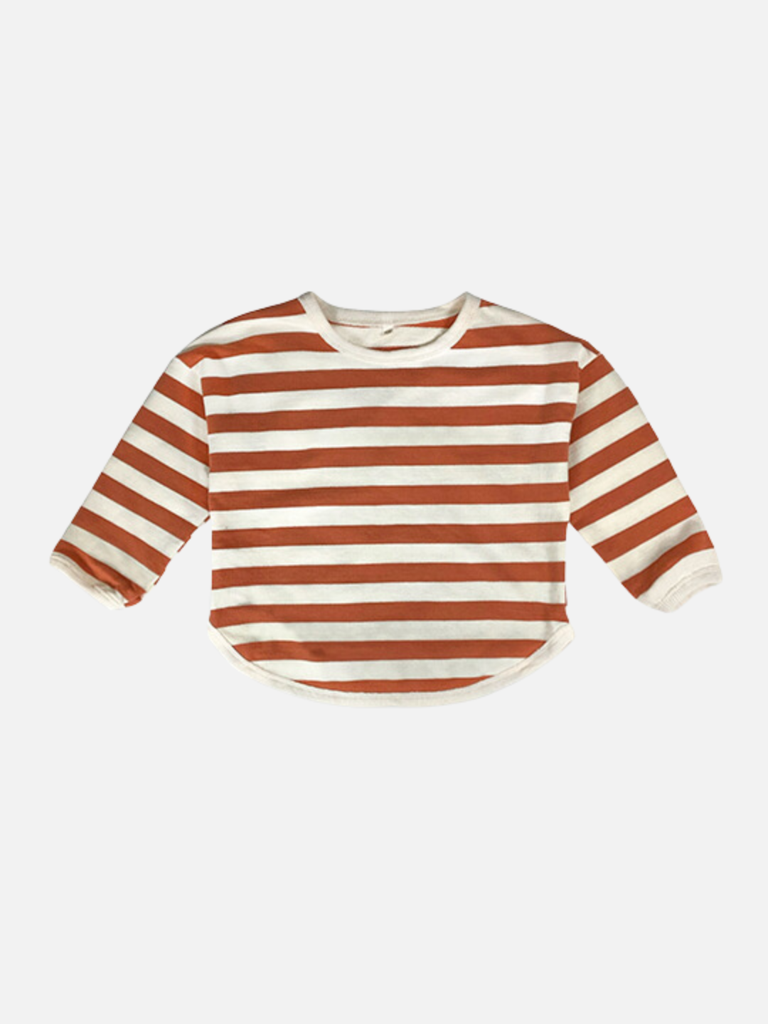 Rust | A kids' tee shirt with a curved hem in peaches and cream