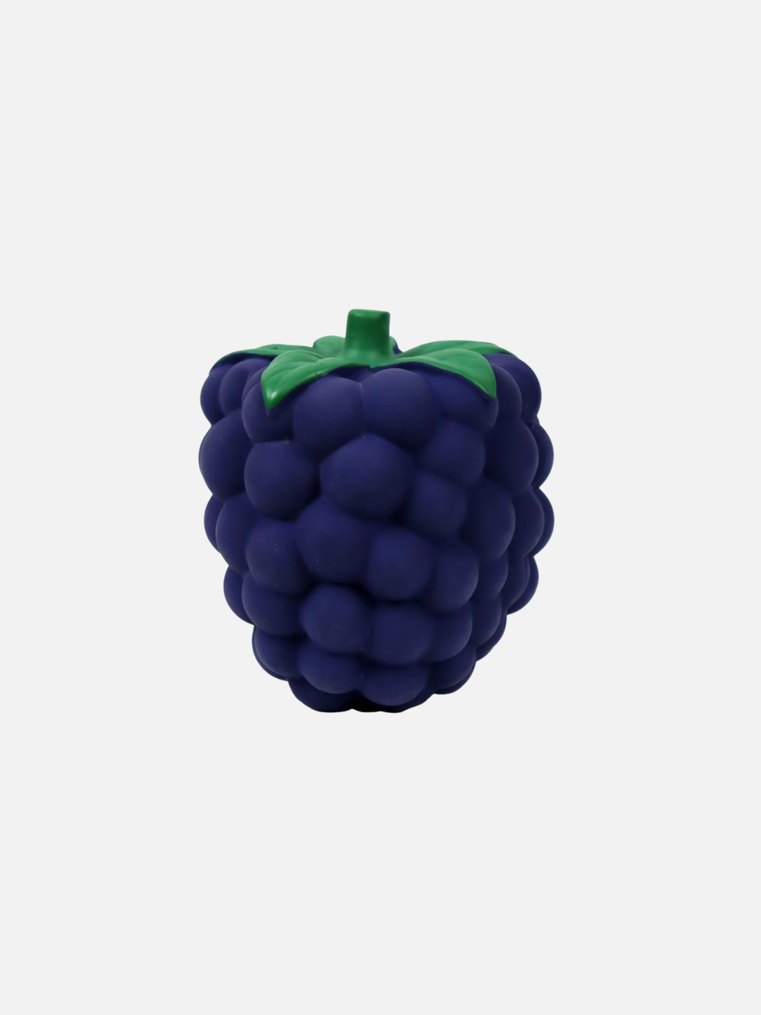 BLACKBERRY | The BERRY RATTLE TEETHER, a sensory toy crafted from handmade natural rubber in the shape of a blackberry, showcases a deep blackberry hue along with a green leaf at the top. It is set against a plain white background and is perfect for soothing sore gums.