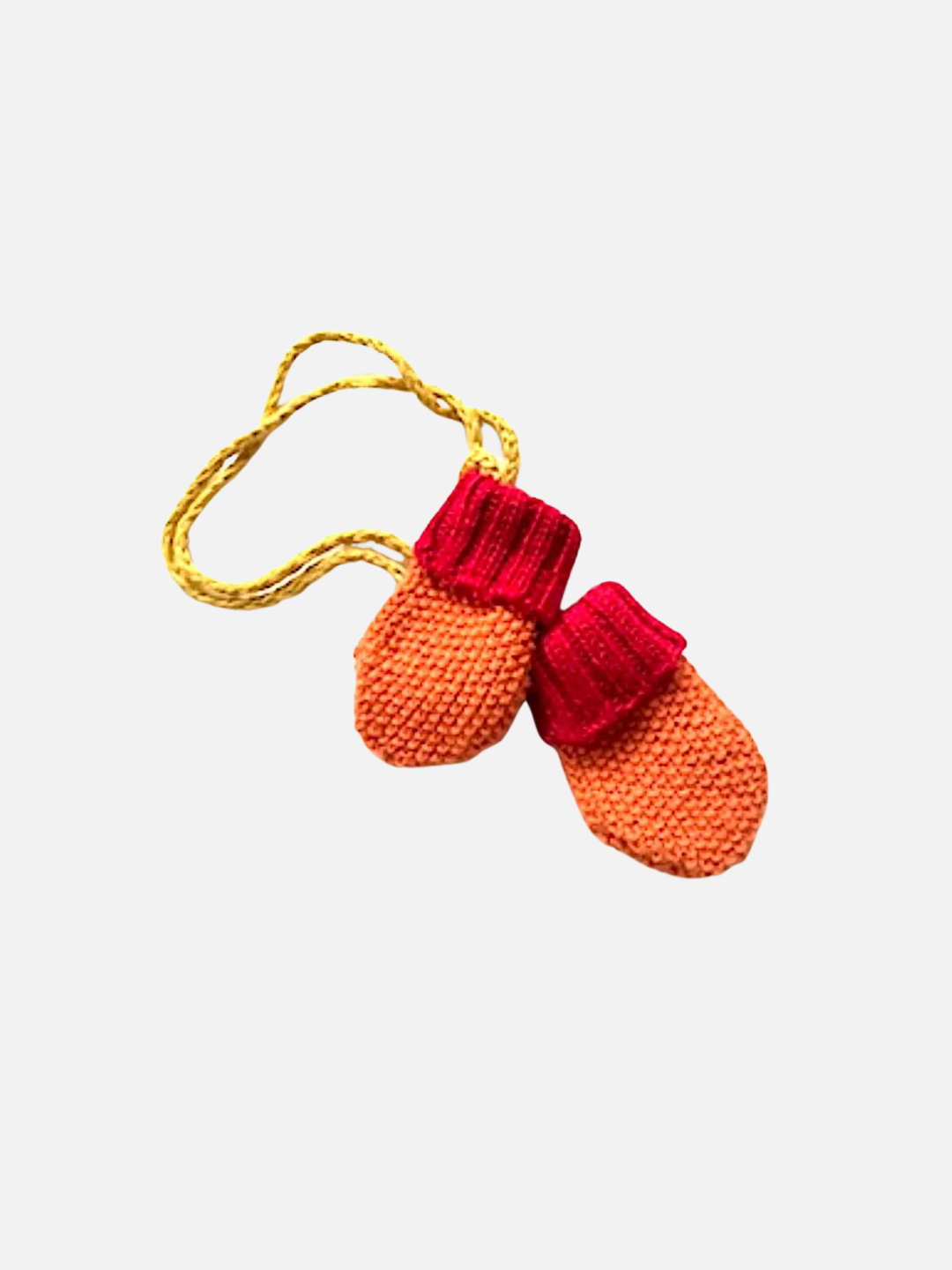 Sunset | The ALPACA BABY MITTENS in Sunset, featuring a pair of orange knit baby mittens with red cuffs crafted from soft alpaca wool and connected by a yellow string, are displayed on a white background.