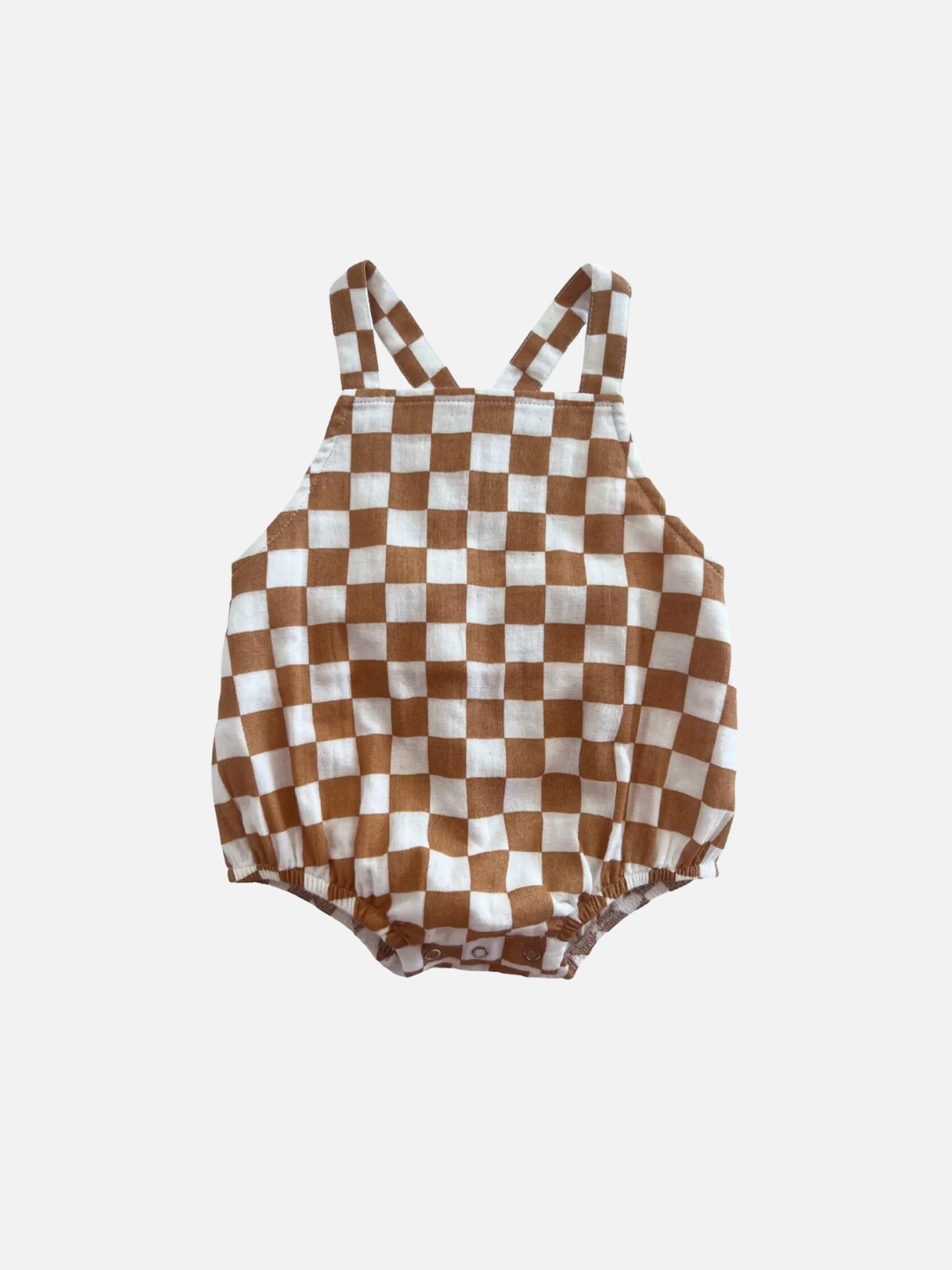 A brown and white checkerboard kids' sunsuit, front view