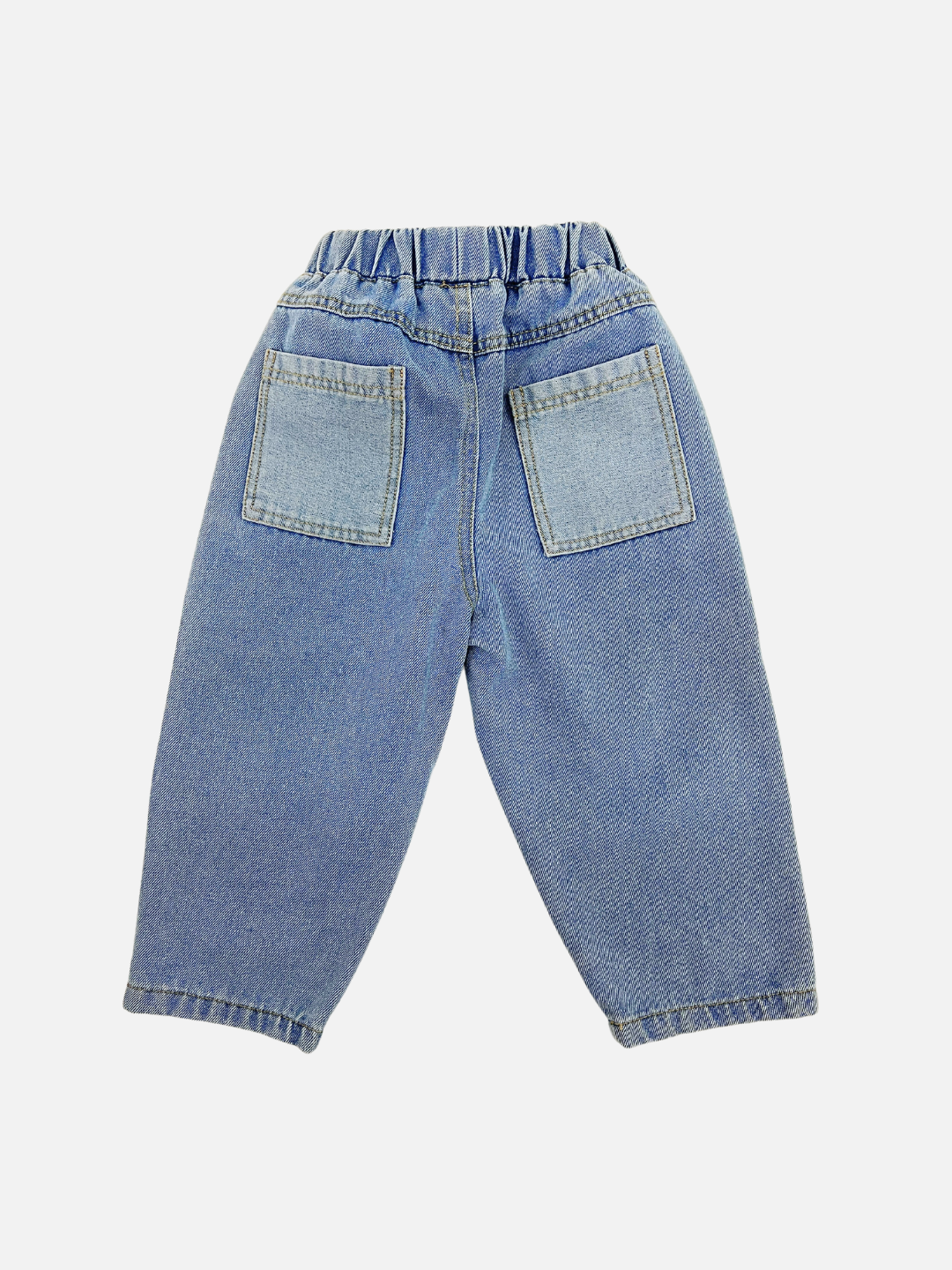 A pair of kids' jeans in mid blue denim with two lighter blue pockets, back view