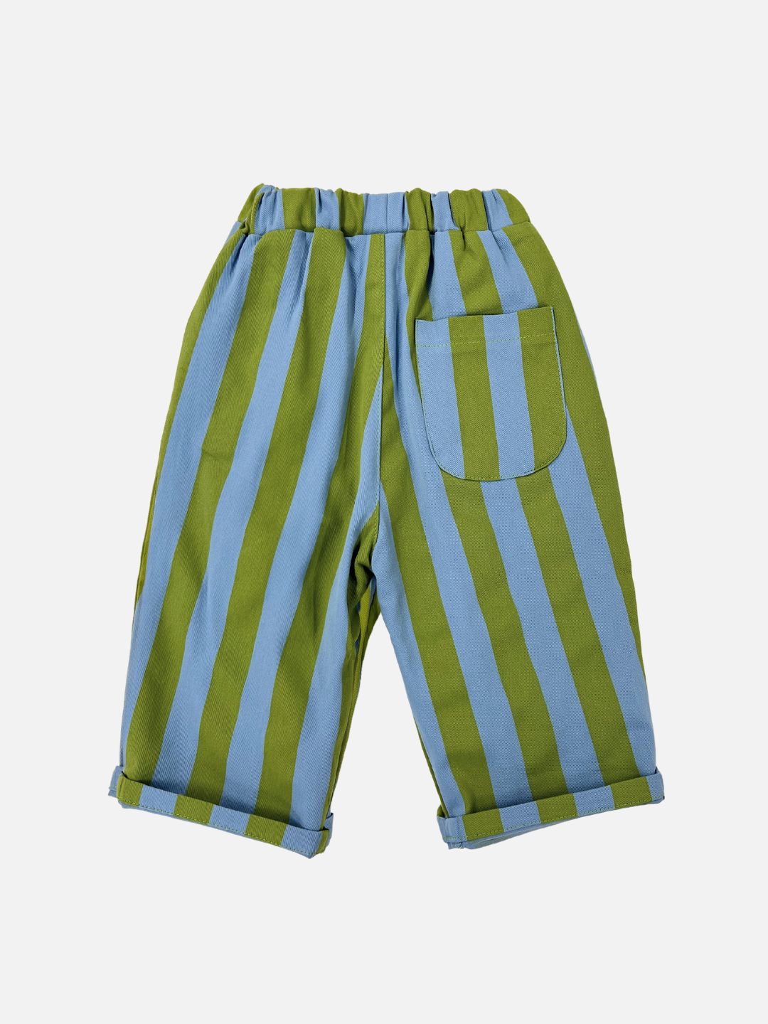 Back view of kids baggy pants in blue with wide green vertical stripes.