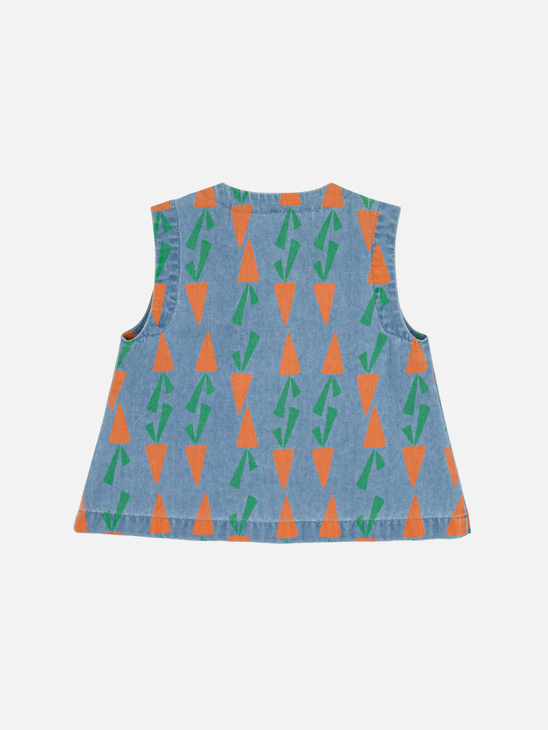 CARROT DENIM VEST: A sleeveless denim top featuring orange carrots and green leaves against a white background.