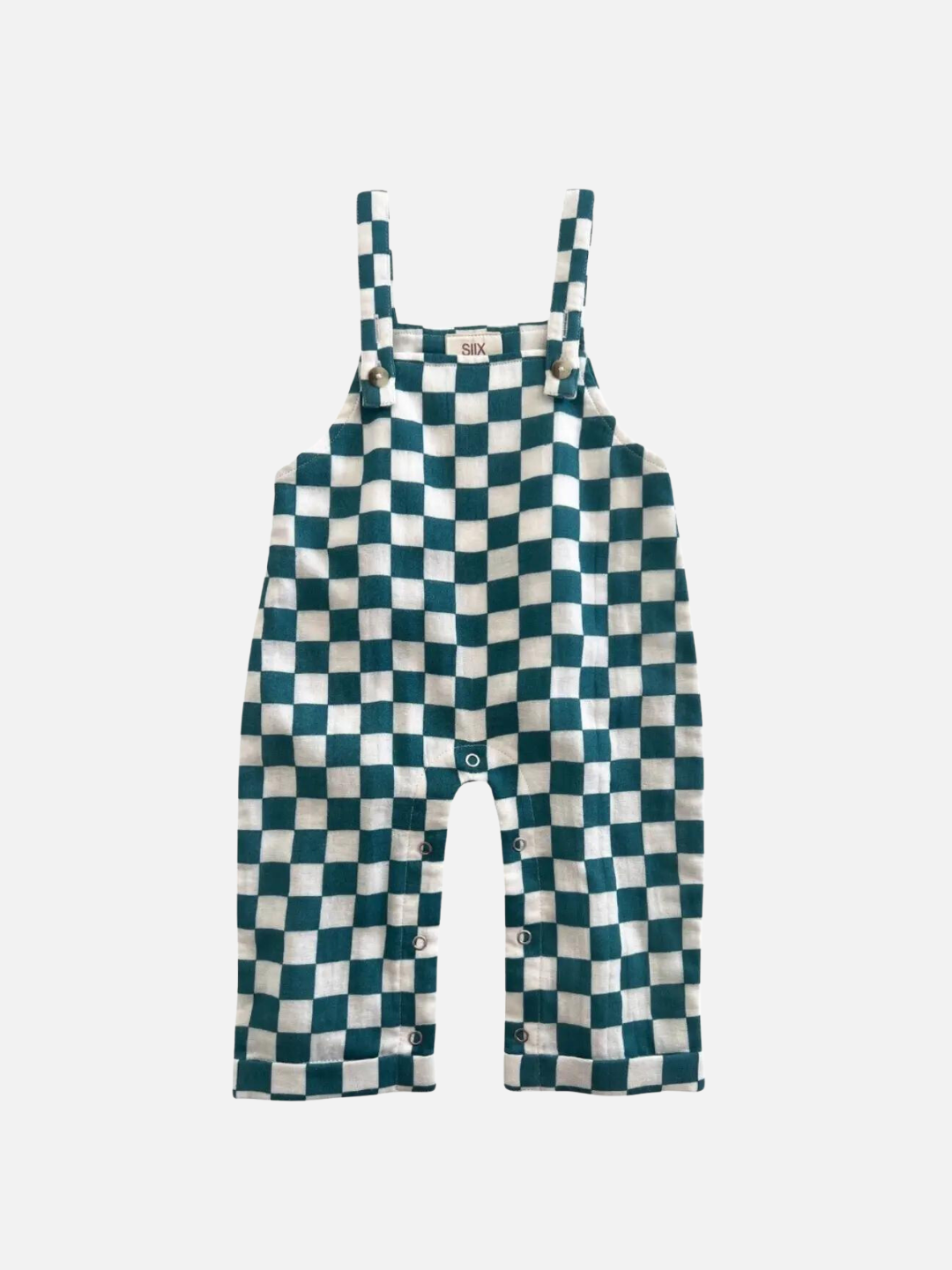 A pair of kids' overalls in an aquamarine and white check