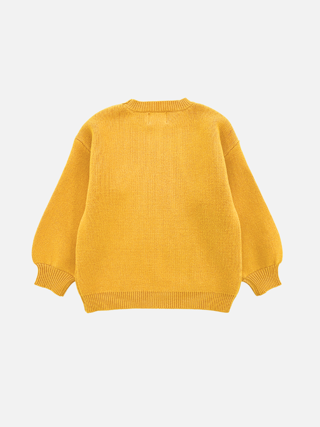 Marigold | The TEATIME SWEATER is a yellow knit sweater featuring long sleeves and a ribbed neck, cuffs, and hem, laid flat on a white background. Detailed measurements are available in the photos.