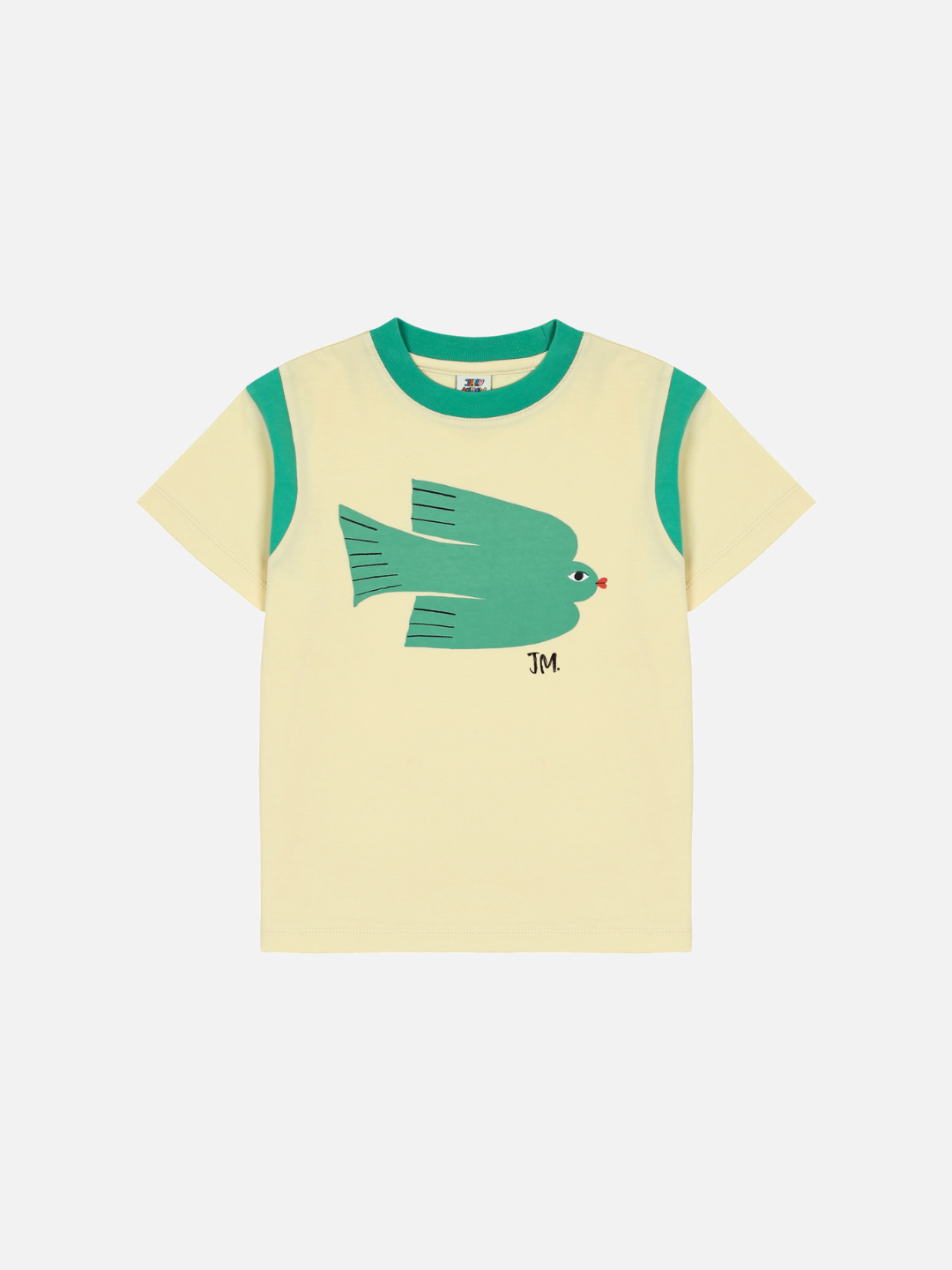 Green Bird T-shirt with yellow body and green sleeves, featuring a stylized fish graphic and "JM" initials on the front.