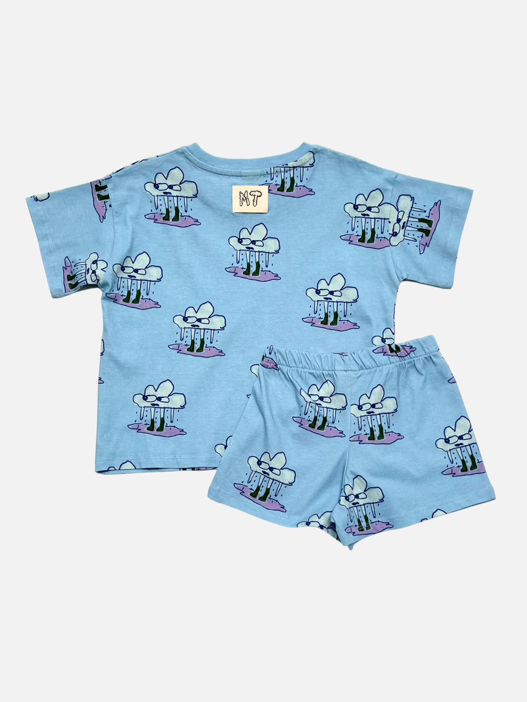 Blue | RAINY DAY SHORT SET: Blue unisex short-sleeve shirt and shorts with hand-drawn raincloud print and rainbow accents, shown flat on white. Perfect matching set for everyday comfort and style.