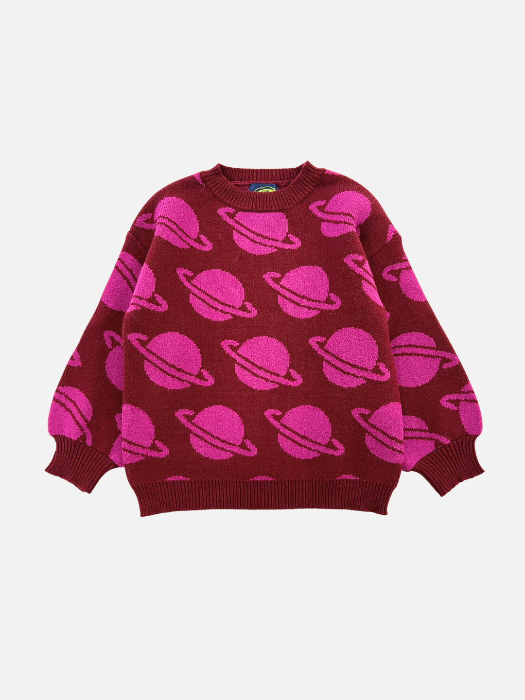 Maroon | Introducing the SPACE CAMP SWEATER – a vibrant red sweater adorned with whimsical pink planet designs. This cozy piece features a classic crew neck and long sleeves. For precise sizing, please consult the measurements provided in the detailed description and photos.