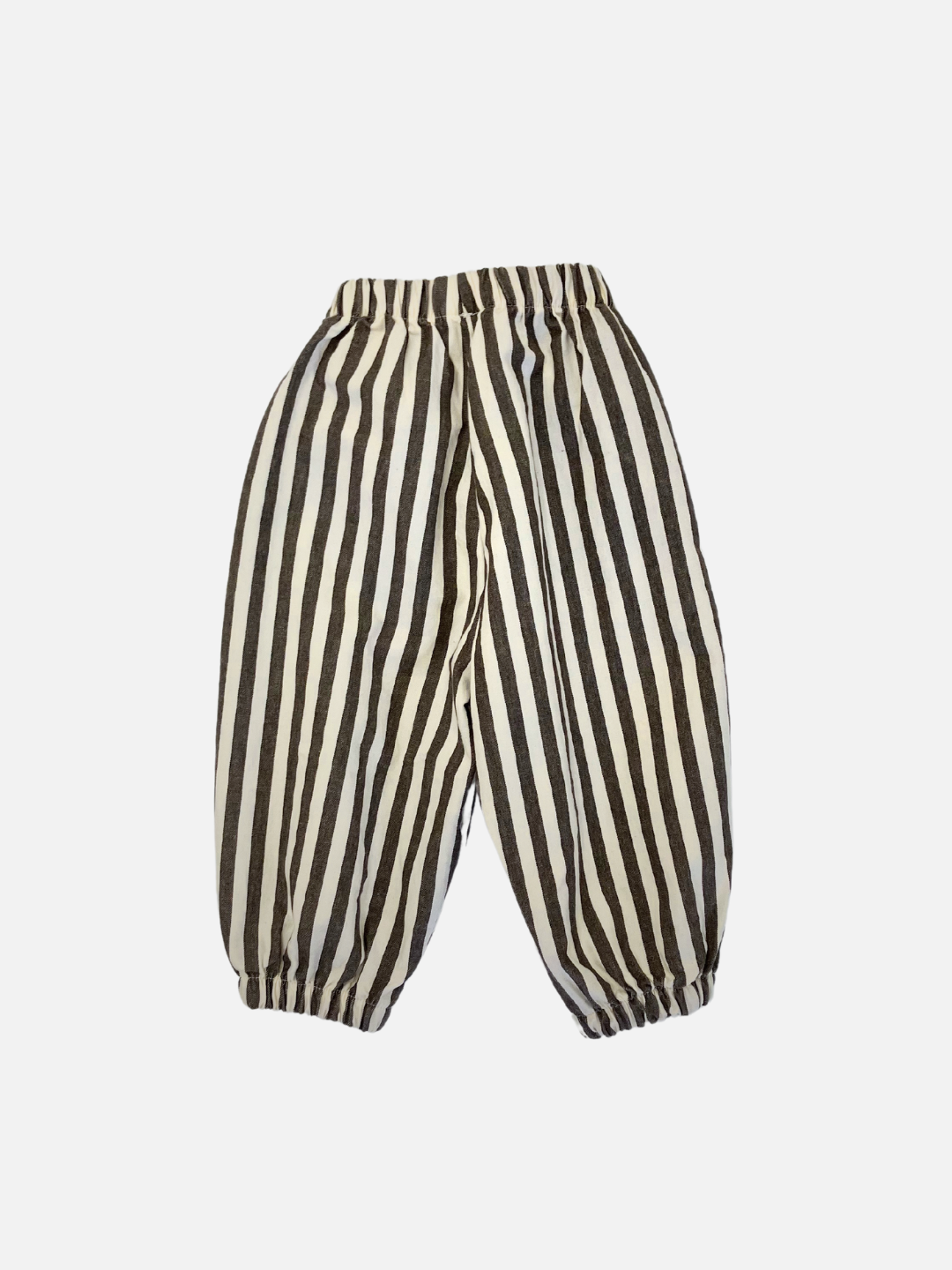 Charcoal Stripe | PIRATE PANTS by Minirobe are black and white striped cotton pants featuring an elastic waistband, cuffs, and a balloon leg design.