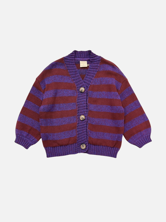 Image of The EBEN PURPLE STRIPE CARDIGAN is a children's V-neck cardigan with purple and maroon horizontal stripes, long sleeves, and three large front buttons. Shipping costs may apply.
