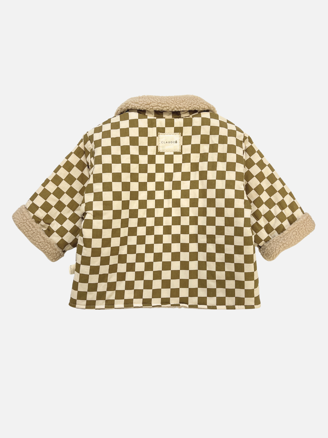 The EMERY COCO CHECKERBOARD COAT is a brown and white unisex jacket with beige sherpa cuffs and collar, displayed from the back on a plain white background.