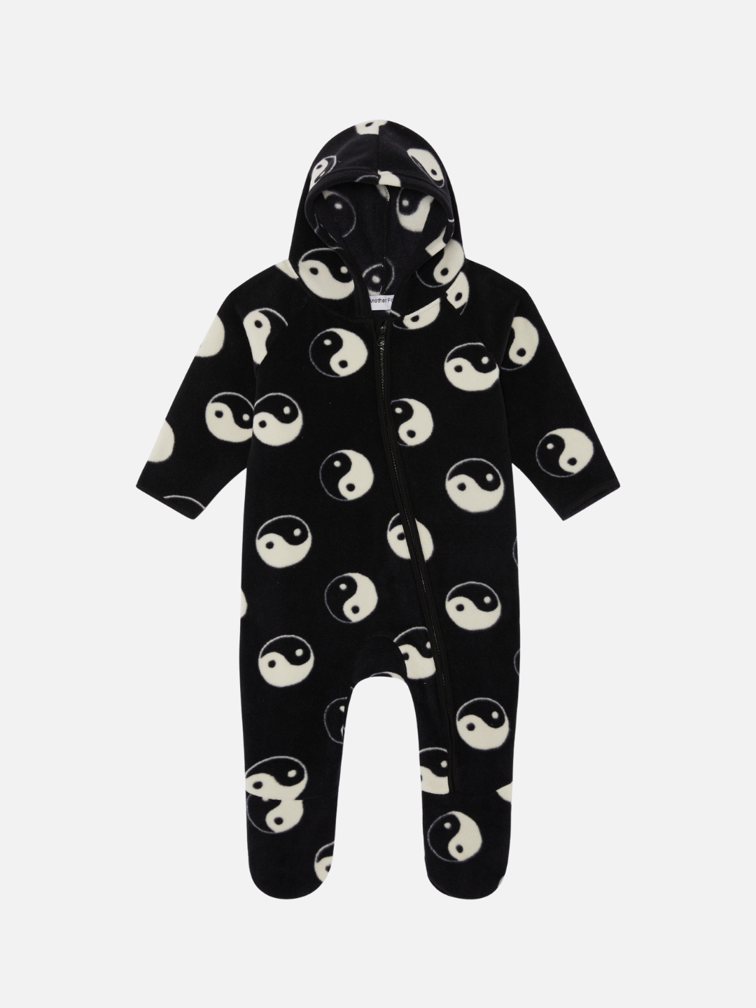 New arrivals: YIN YANG FLEECE STROLLER SUIT, a black one-piece hooded jumpsuit with a yin-yang symbol pattern, perfect for keeping your baby cozy.