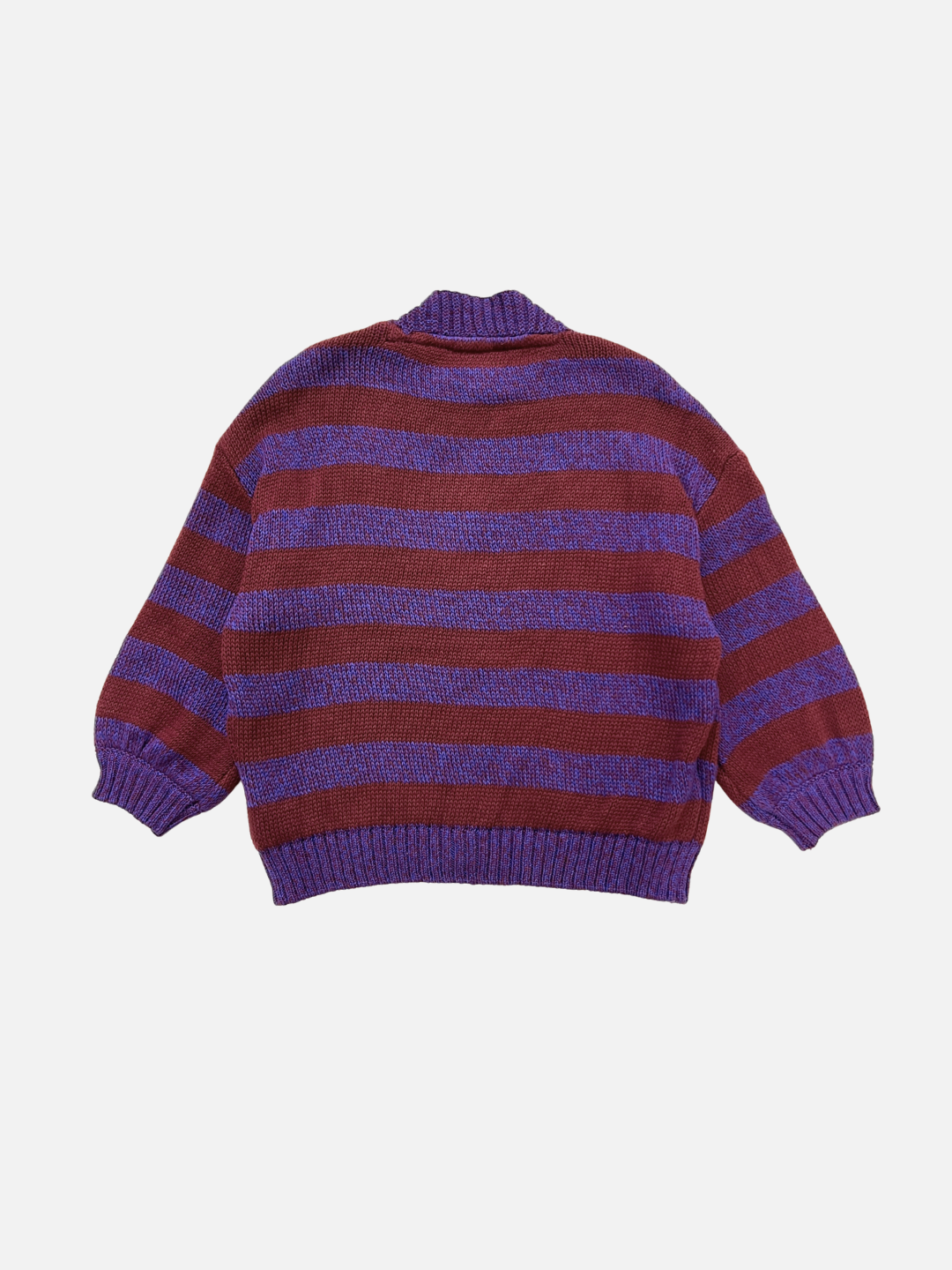 The EBEN PURPLE STRIPE CARDIGAN is a long-sleeve knit sweater with horizontal purple and maroon stripes, shown flat with the back up—ideal for stylish shoppers wanting quality without high shipping costs.