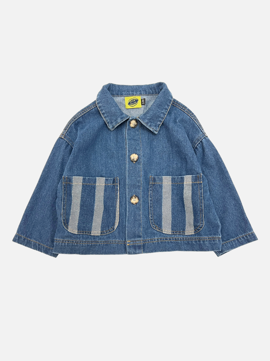 Image of Denim jacket with striped pockets on a light gray background